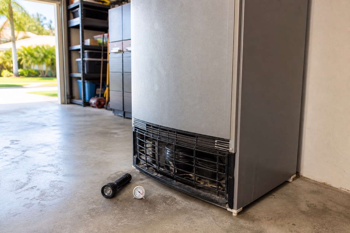 Garage refrigerator freezer with rear vent area visible in a warm Southwest Florida garage