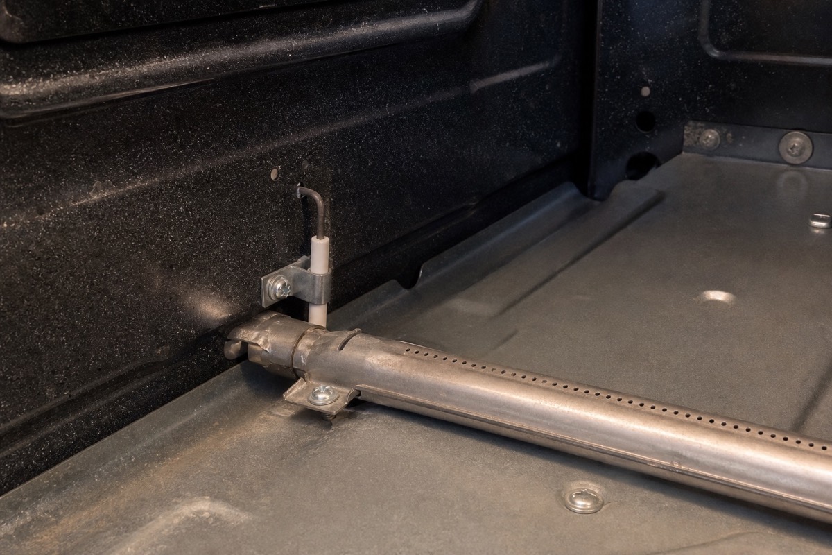 Gas oven igniter and burner assembly inspected with power and gas safely disconnected