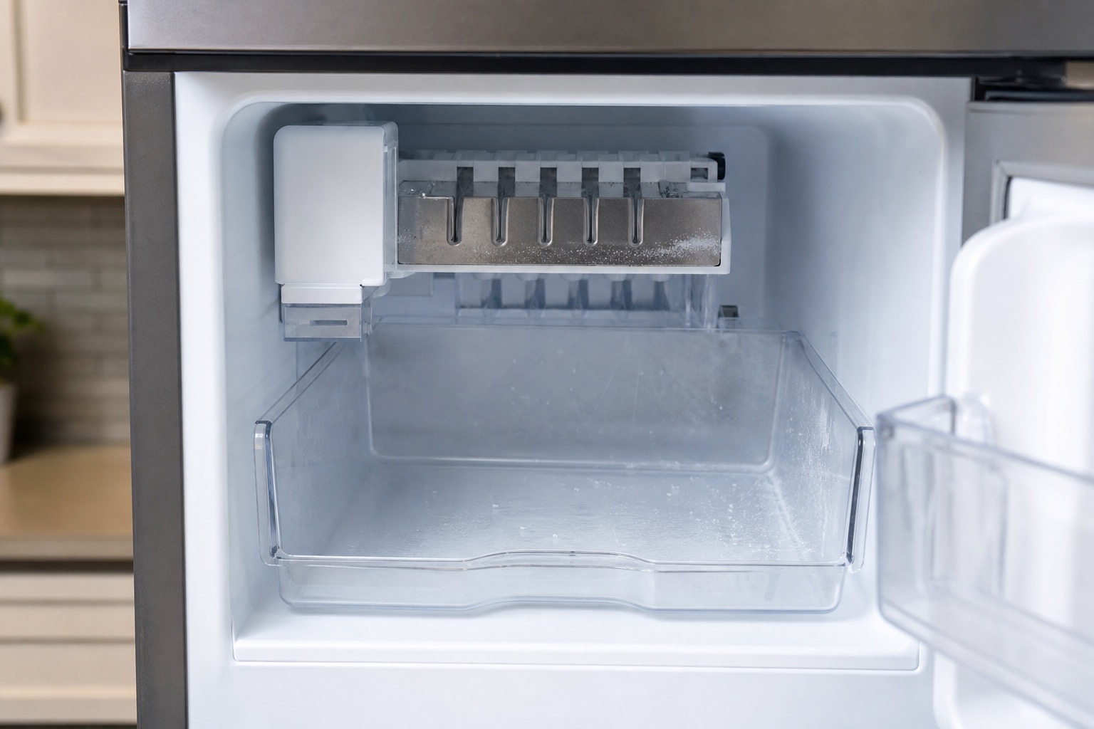 Empty freezer ice bin below an ice maker assembly