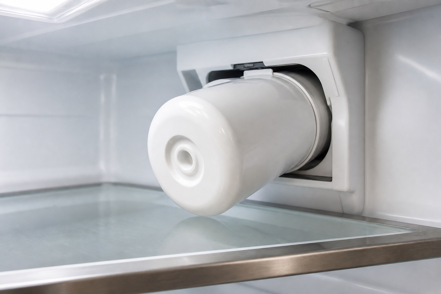 Refrigerator water filter partially removed from its housing