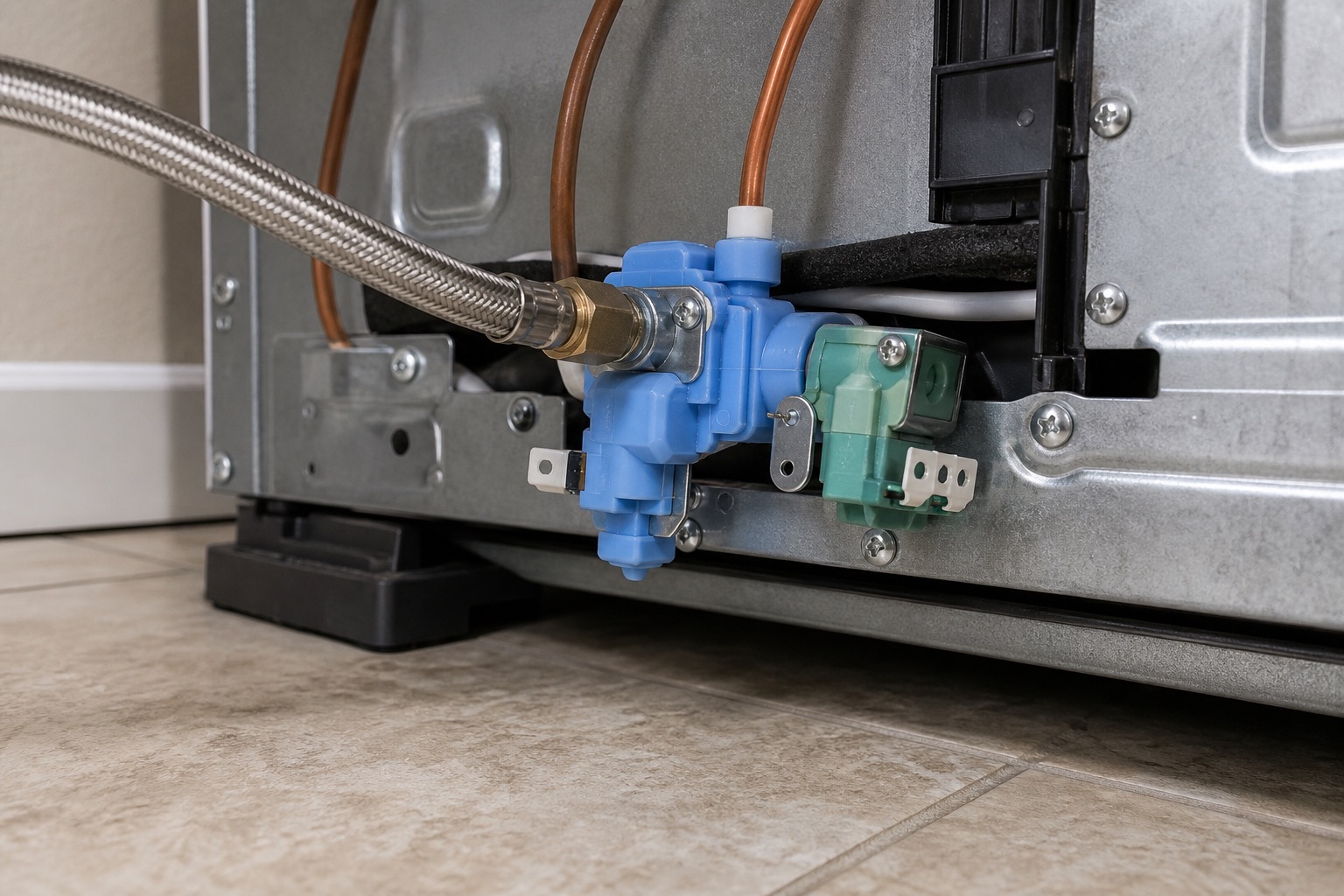 Refrigerator water inlet valve and supply line behind the appliance