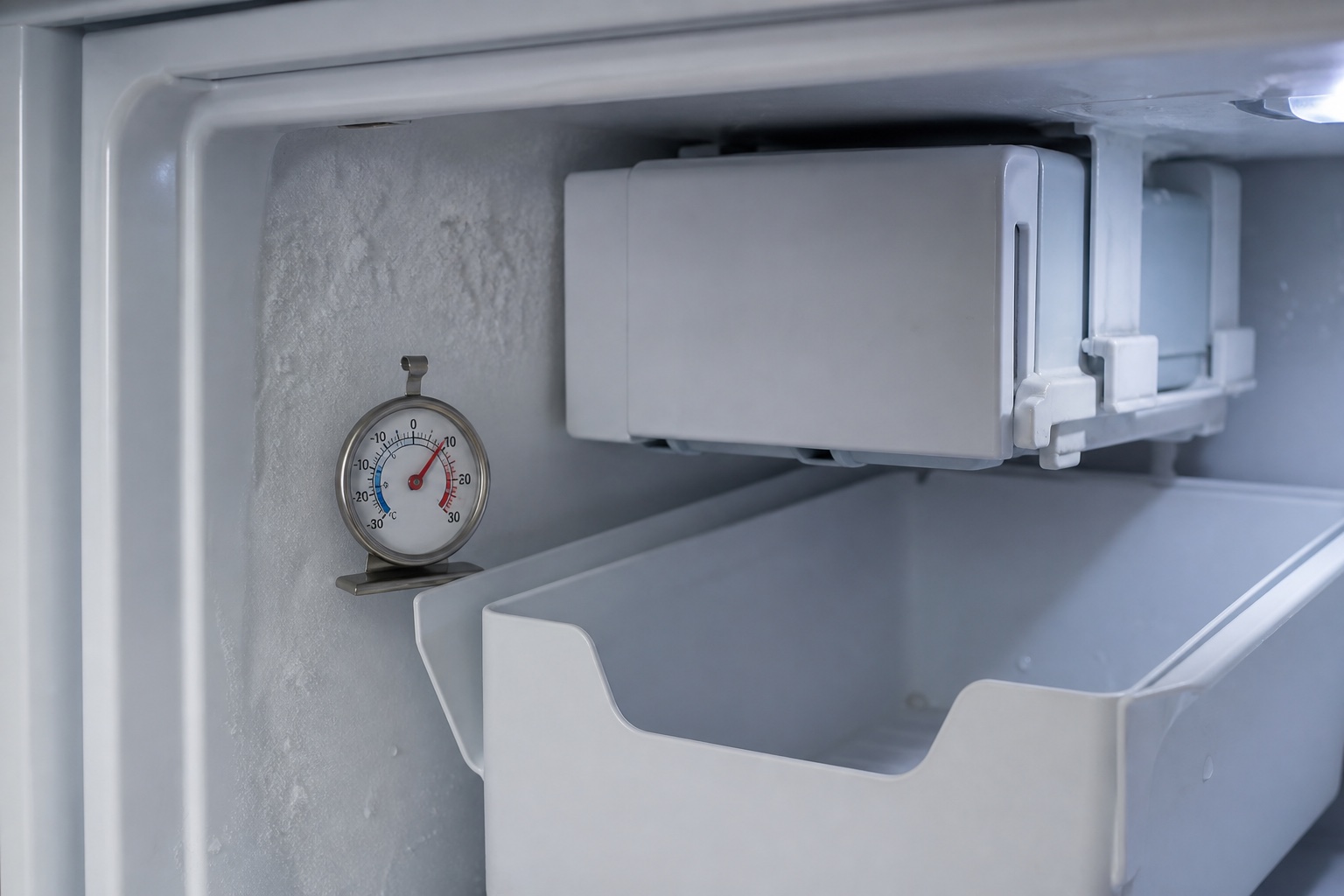 Freezer thermometer beside an ice maker and empty ice bin