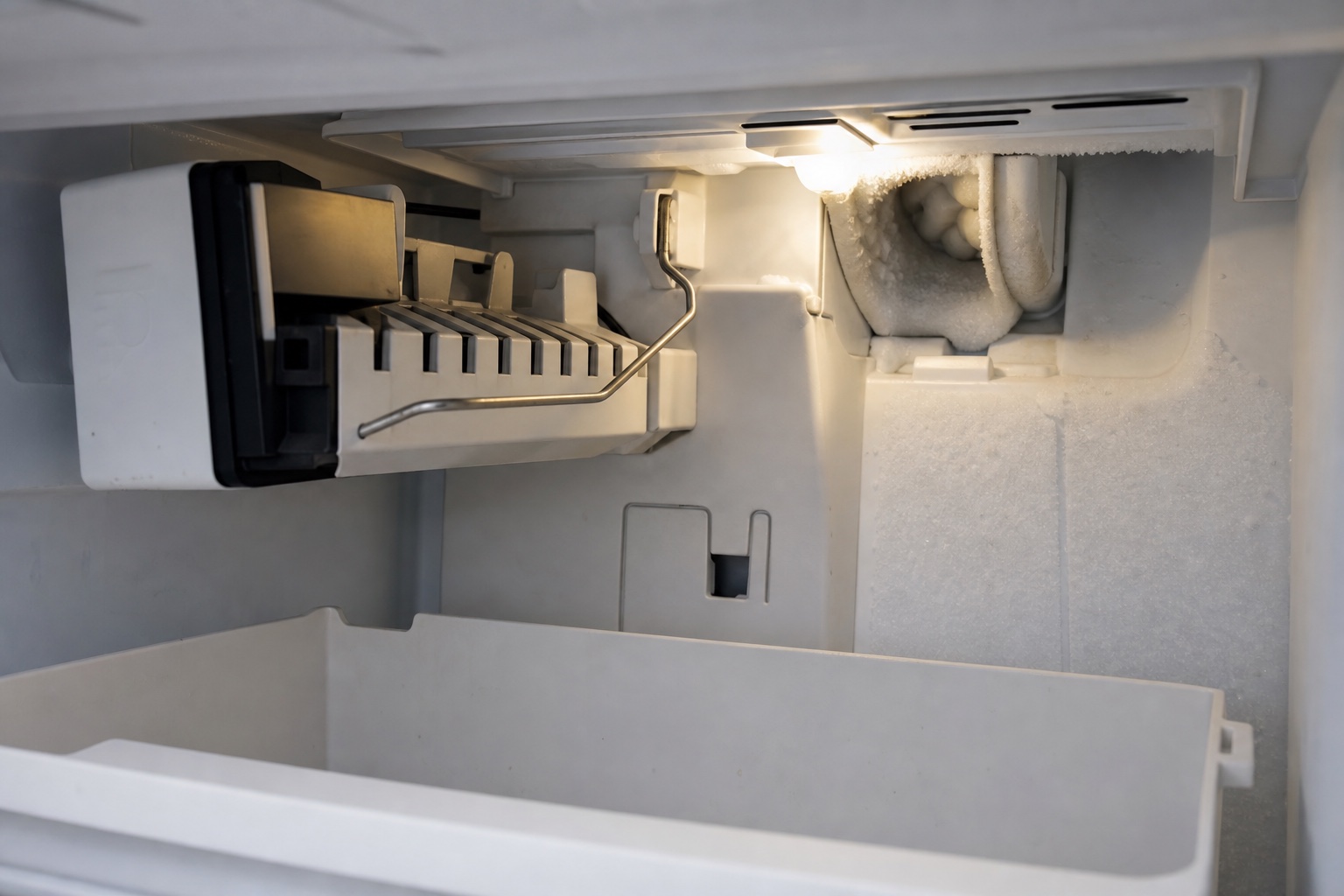 Frost buildup near an ice maker air duct inside the freezer