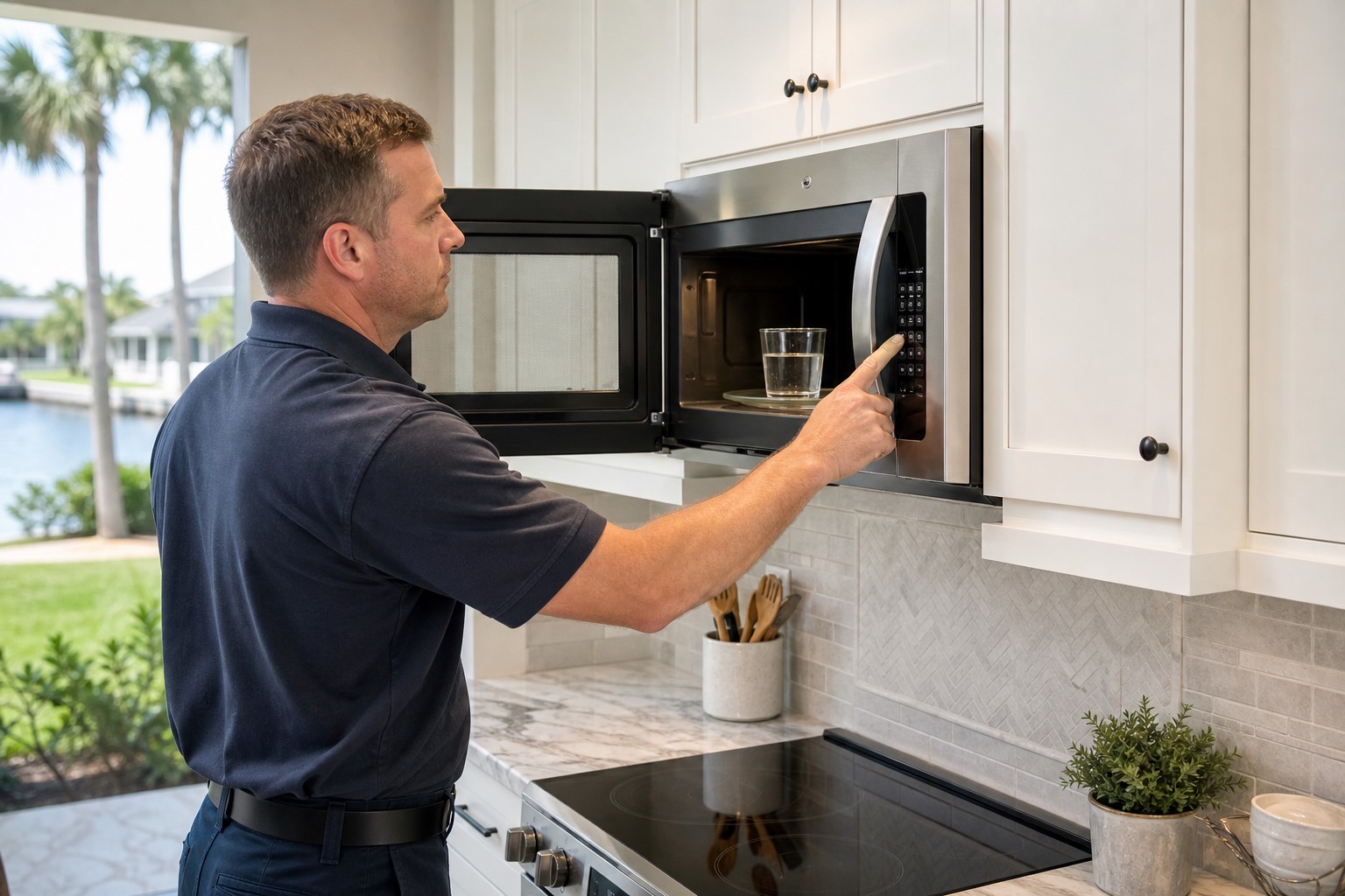 Technician checking an over-the-range microwave that runs but does not heat food