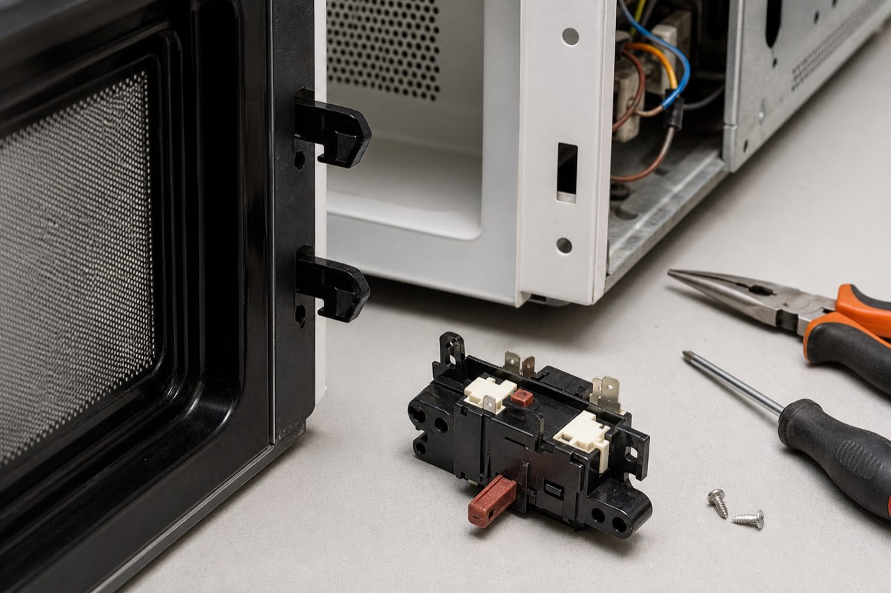 Microwave door latch and interlock switch assembly on a service bench