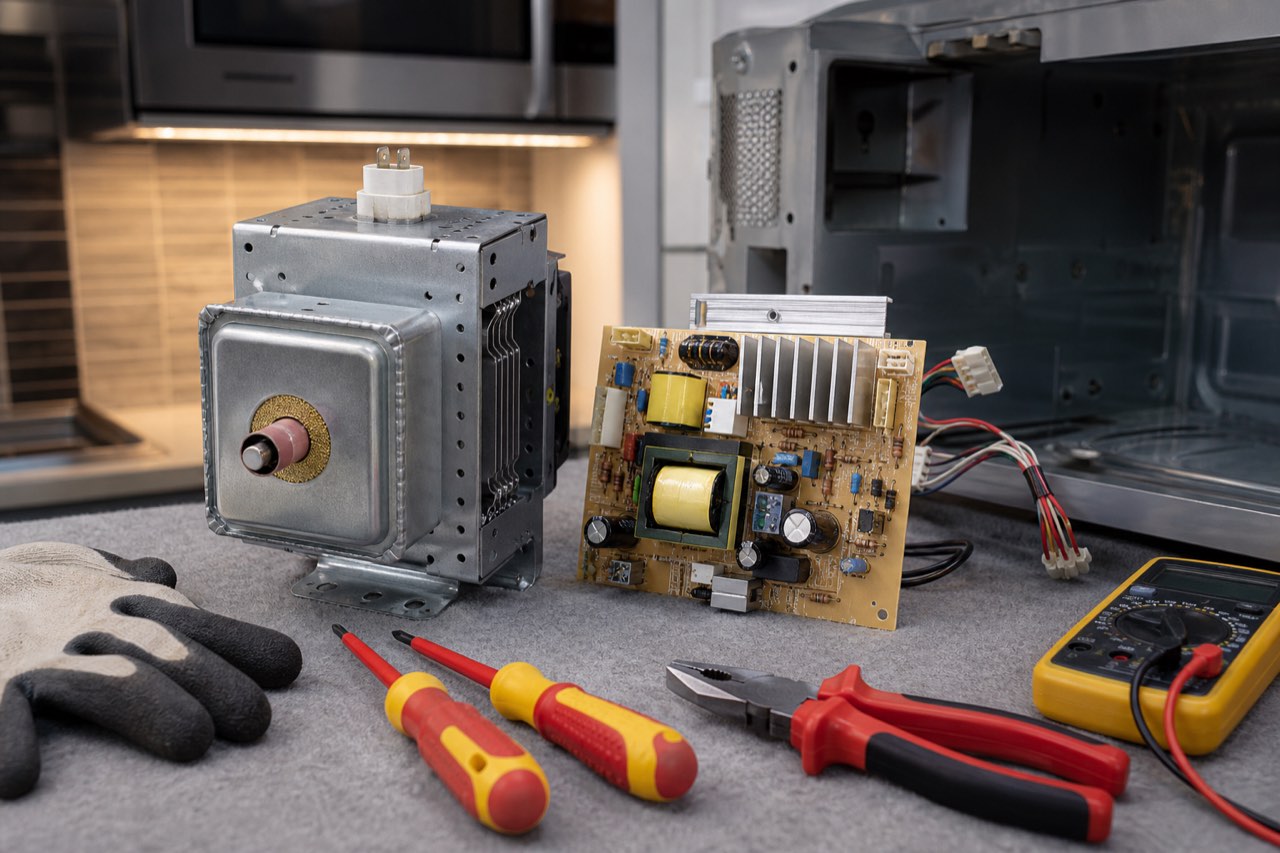 Microwave magnetron and inverter board removed for professional diagnosis