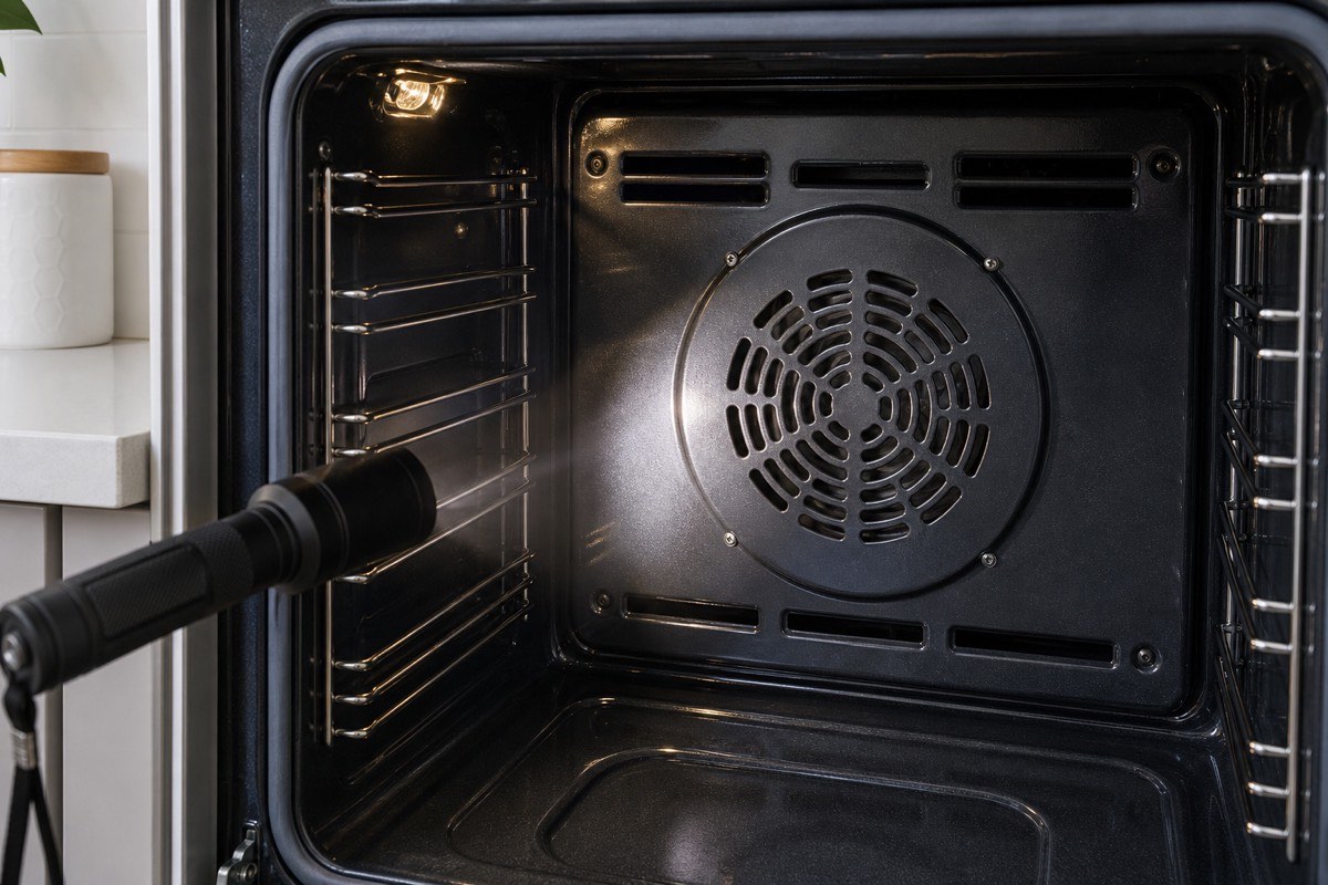 Convection oven fan and rear airflow panel being inspected
