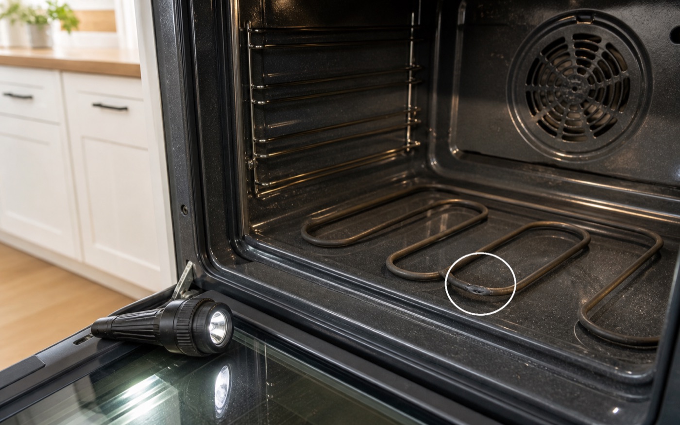 Electric oven bake element with visible damage during inspection