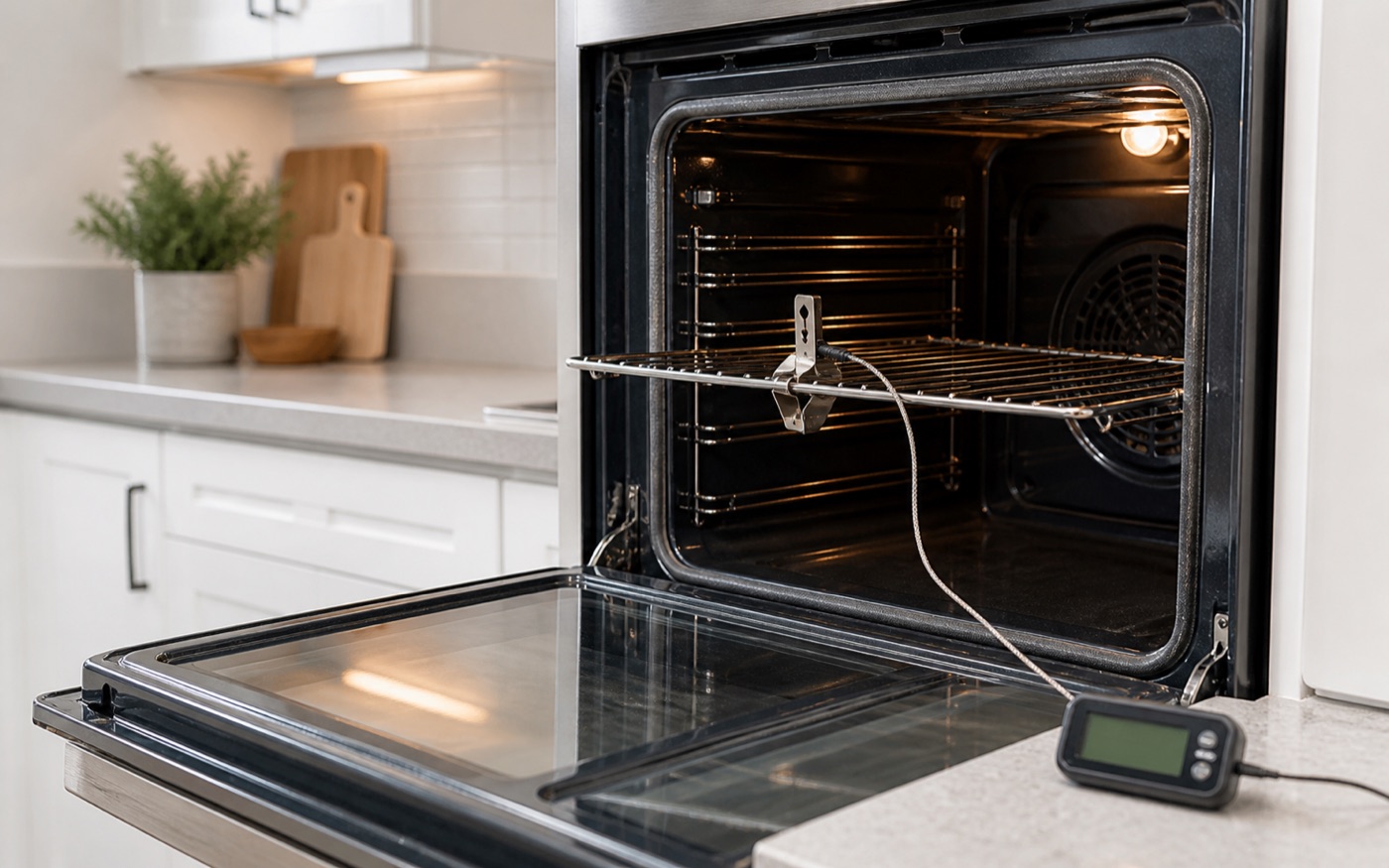 Digital temperature probe clipped to an oven rack for preheat diagnosis