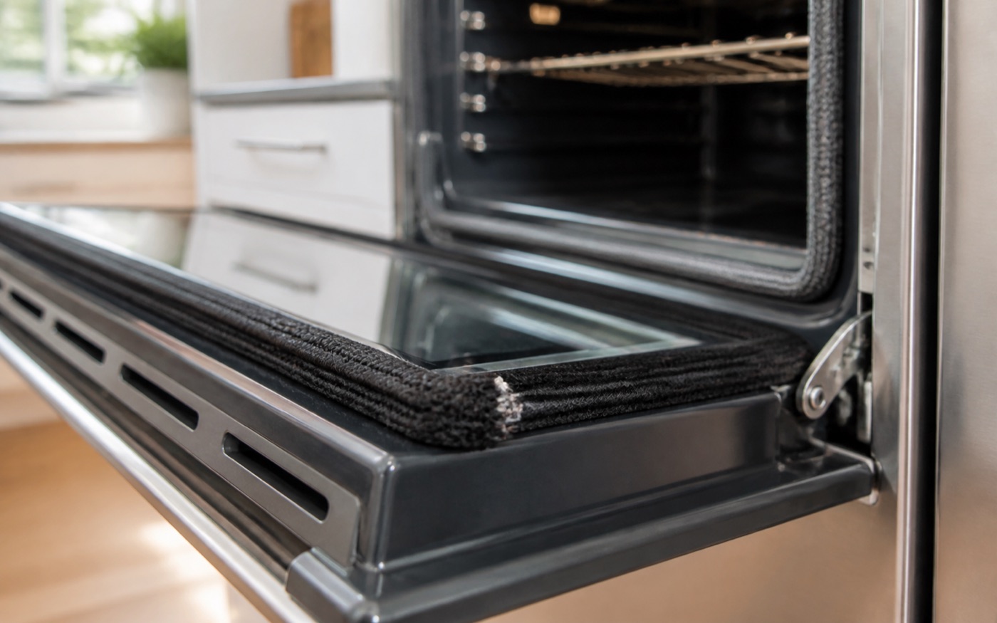 Flattened oven door gasket and hinge area being inspected