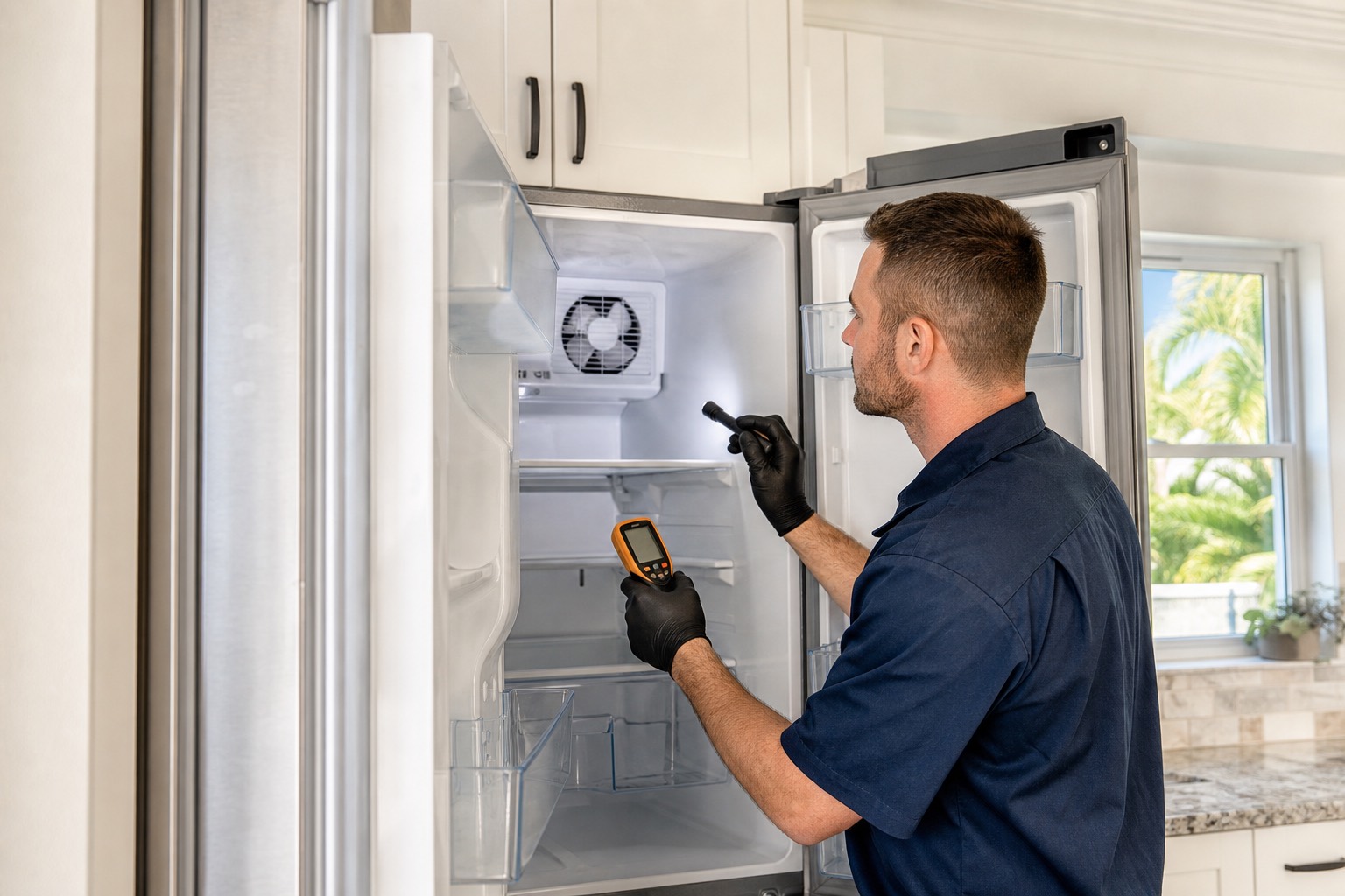 Technician checking airflow from a refrigerator evaporator fan
