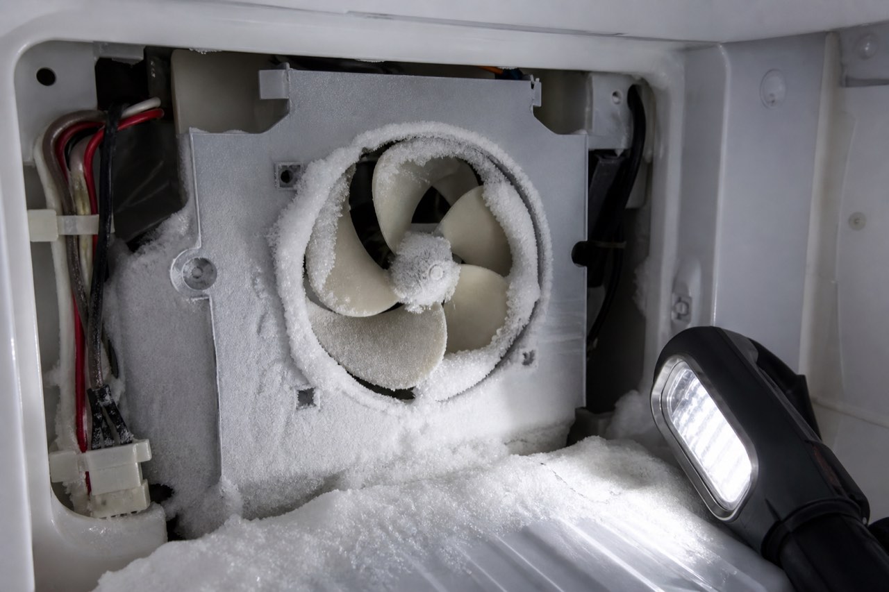 Evaporator fan blocked by frost inside a freezer compartment