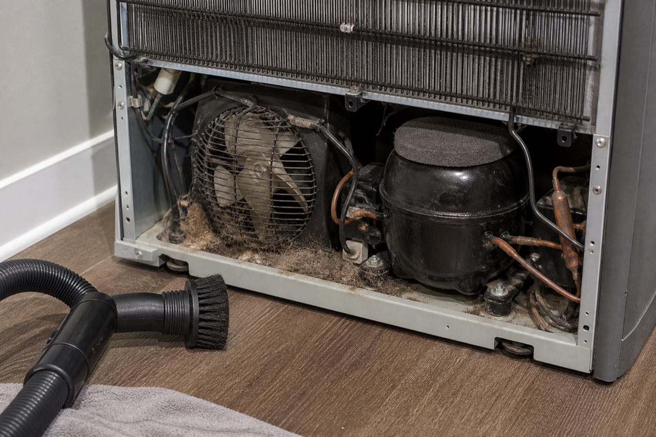 Dust and pet hair around a refrigerator condenser fan near the compressor