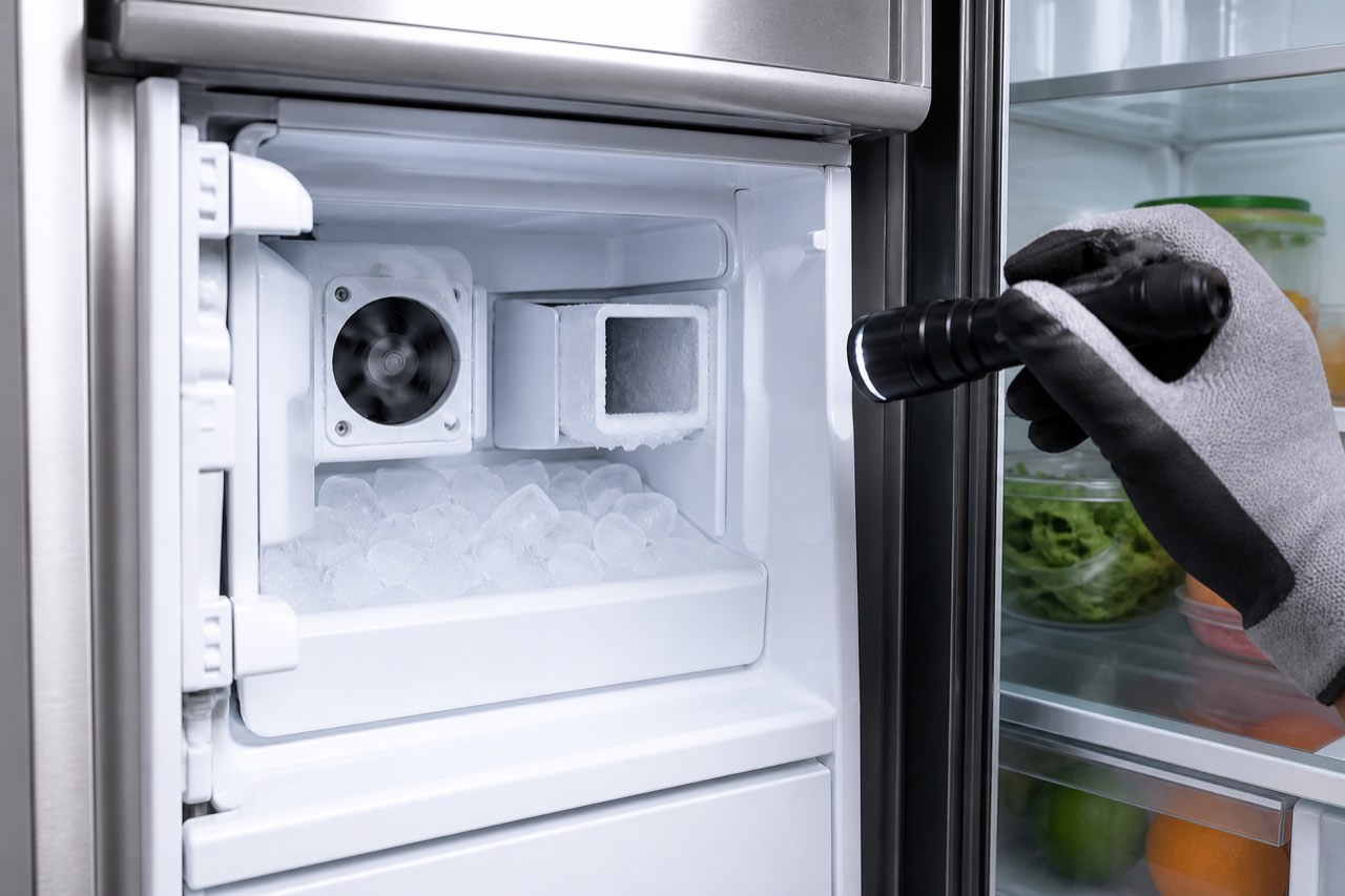 Ice maker fan and frosted air duct inside a French-door refrigerator