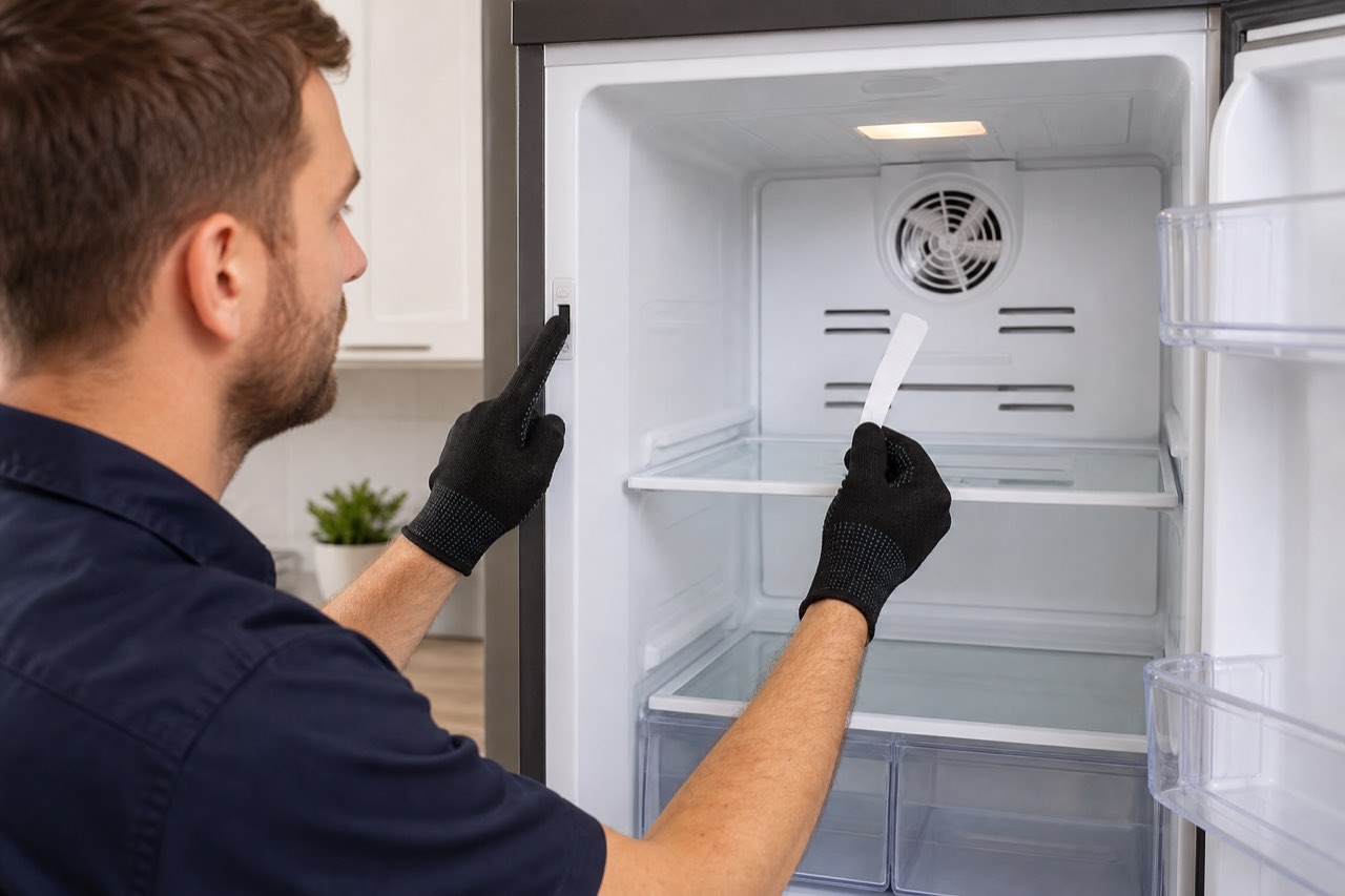 Technician checking a refrigerator door switch and airflow at interior vents