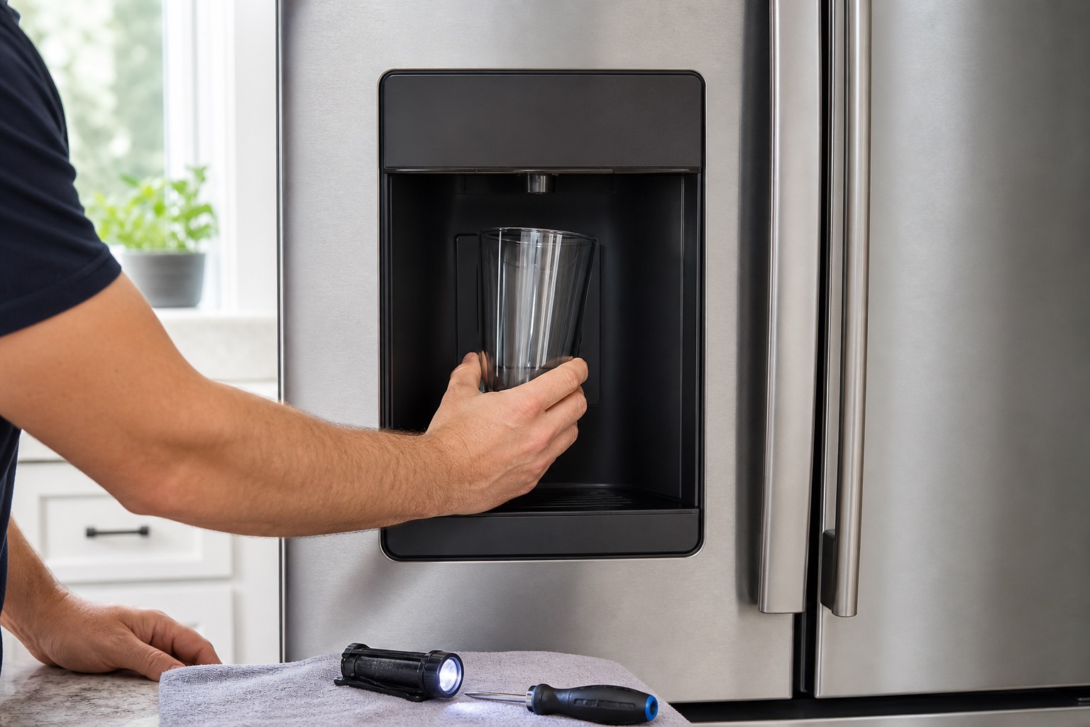 Technician testing a refrigerator water dispenser with an empty glass