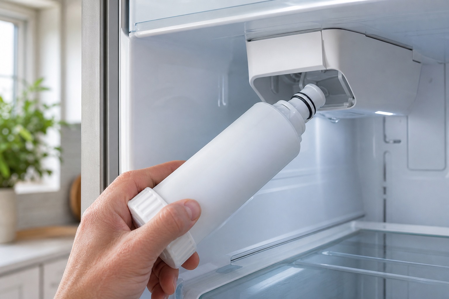 Refrigerator water filter being removed from its housing