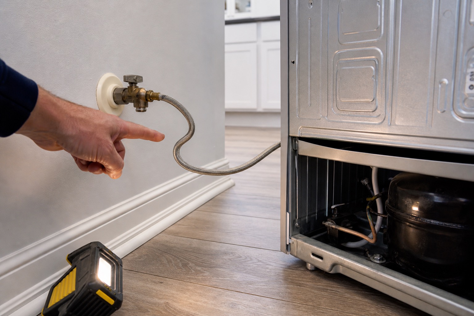 Refrigerator water supply line and shutoff valve behind the appliance