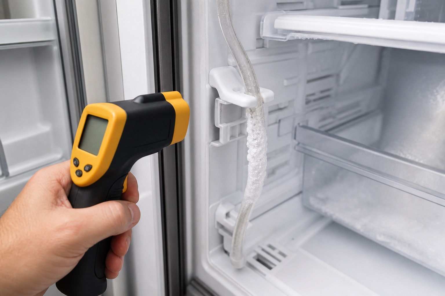 Frozen refrigerator water dispenser tube being checked with a thermometer