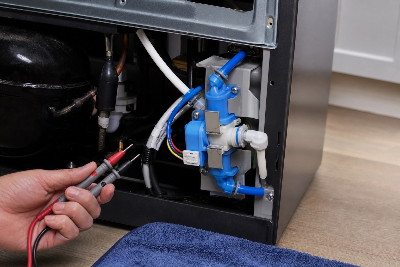 Refrigerator water inlet valve and tubing during diagnostic testing