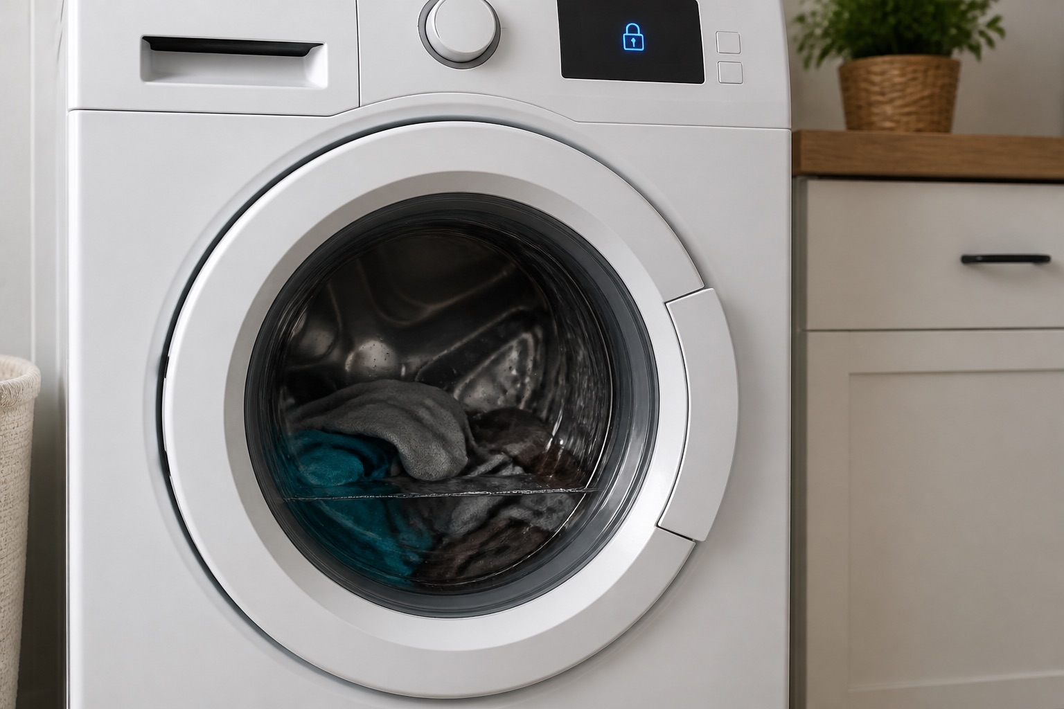 Closed front-load washer door with lock indicator illuminated after a cycle