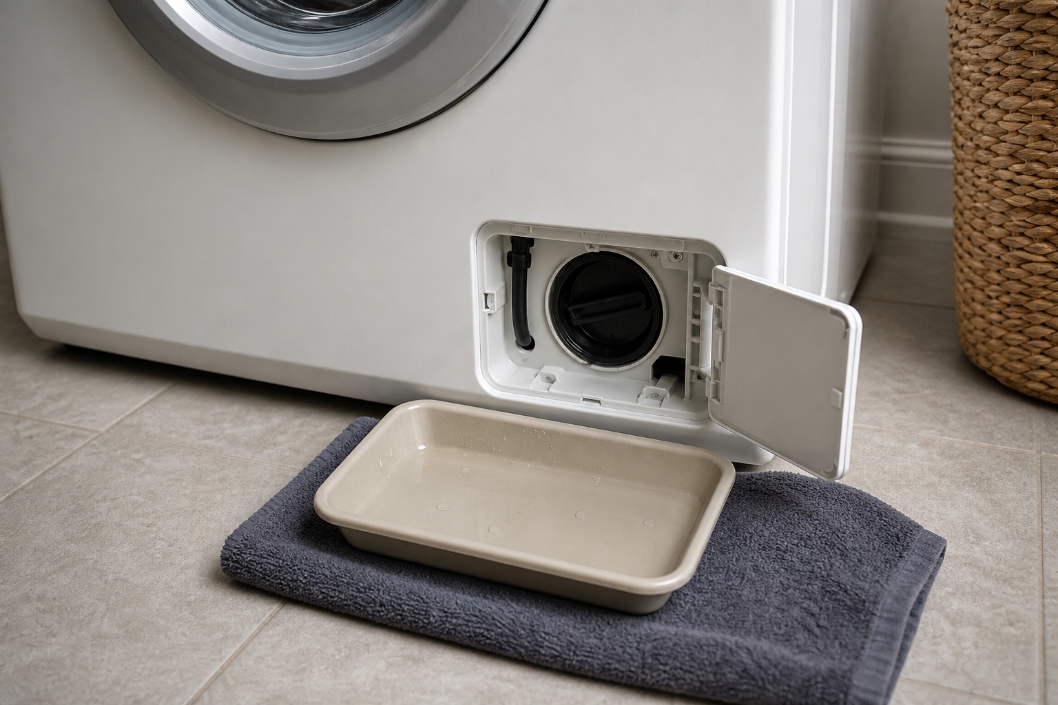 Washer pump filter access opened with a tray and towel below during locked-door diagnosis
