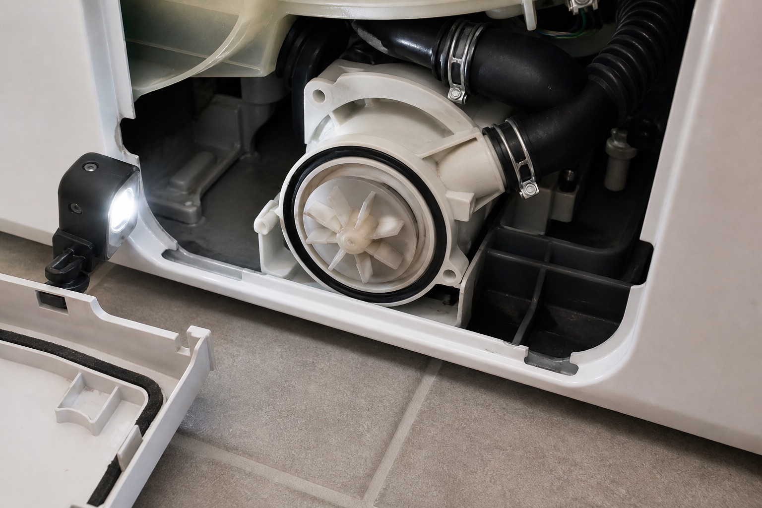 Washer drain pump impeller inspected with a work light during service