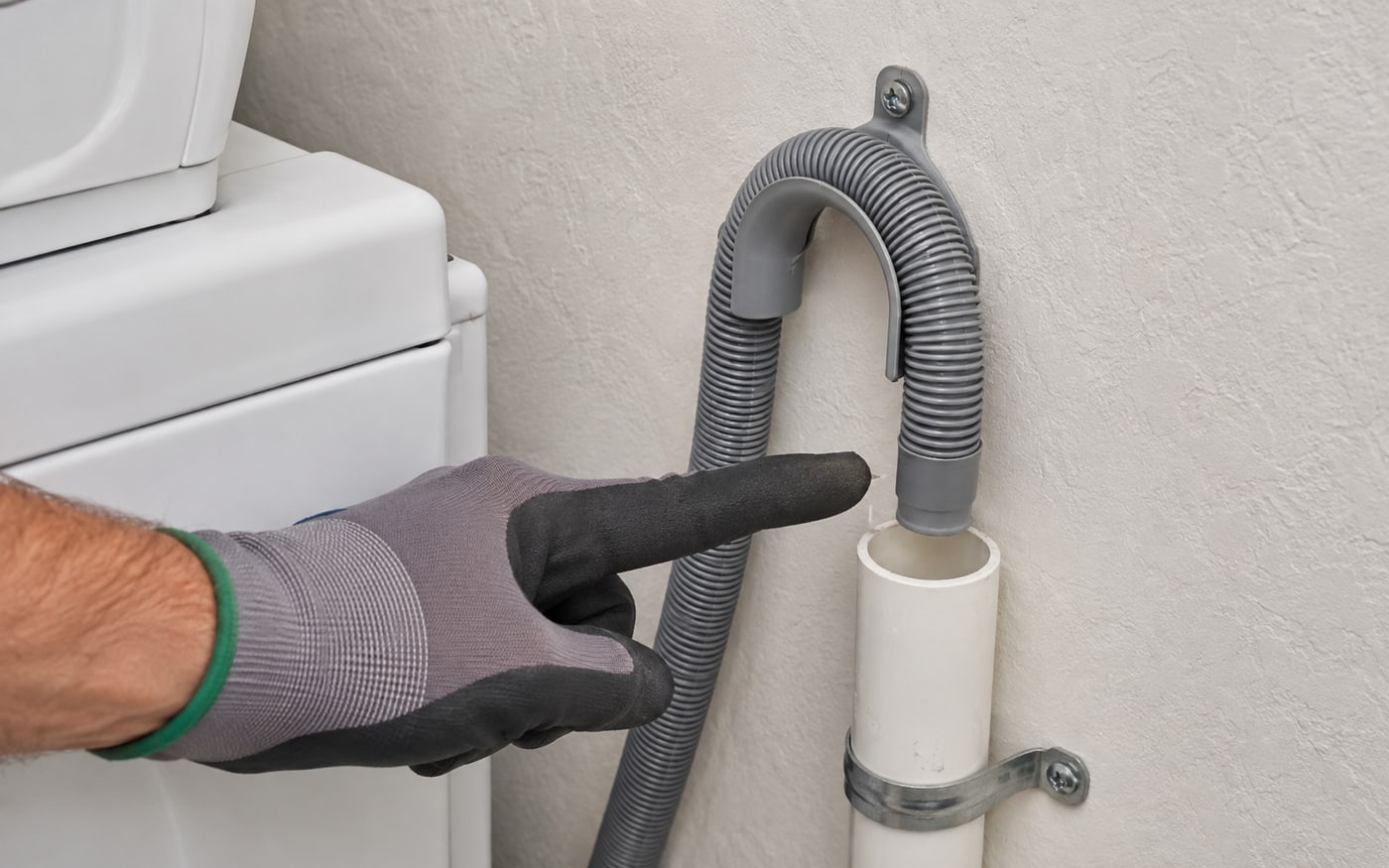 Washer drain hose insertion and standpipe air gap checked for siphoning risk