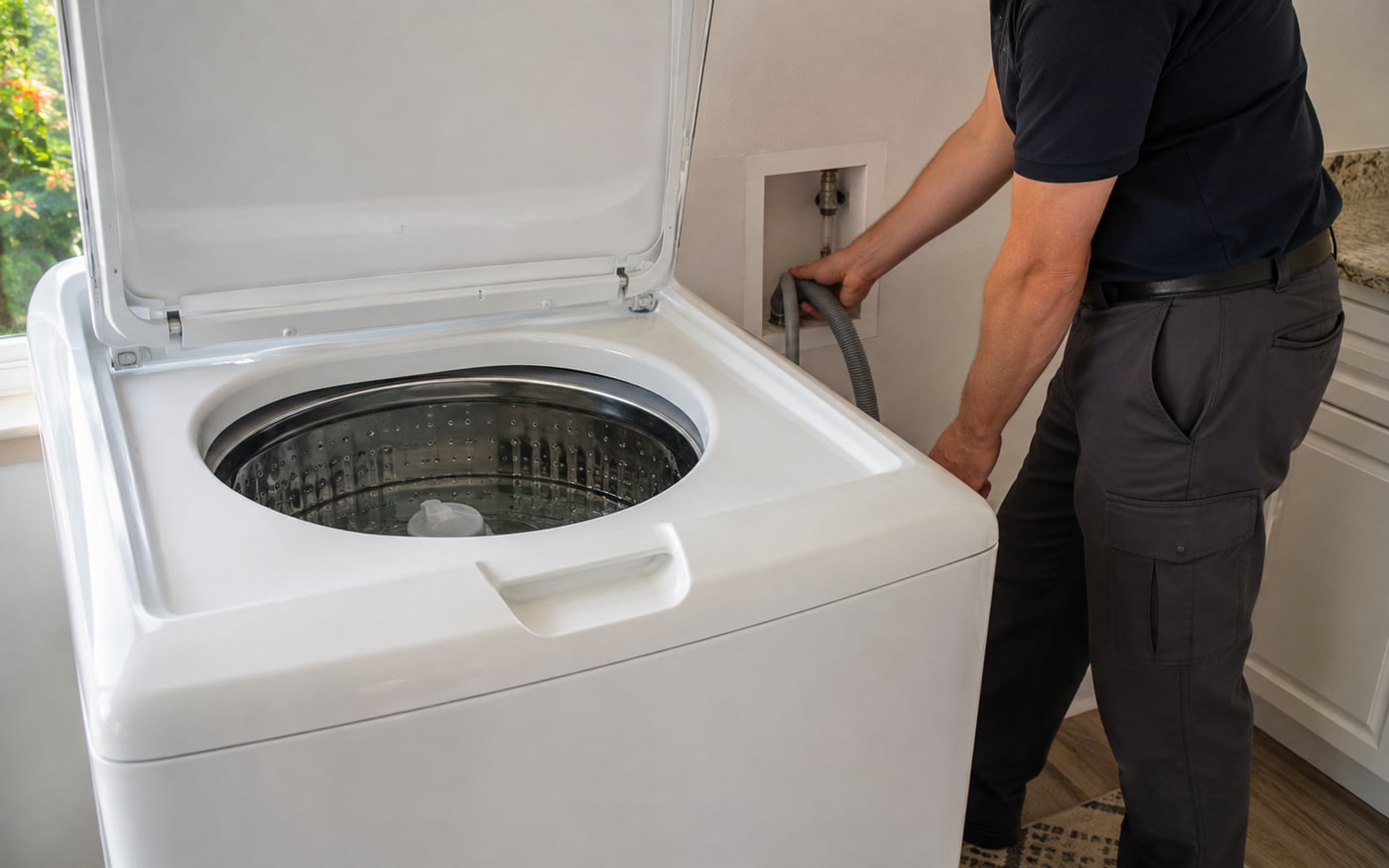 Technician checking a washer drain hose while water remains visible in the tub