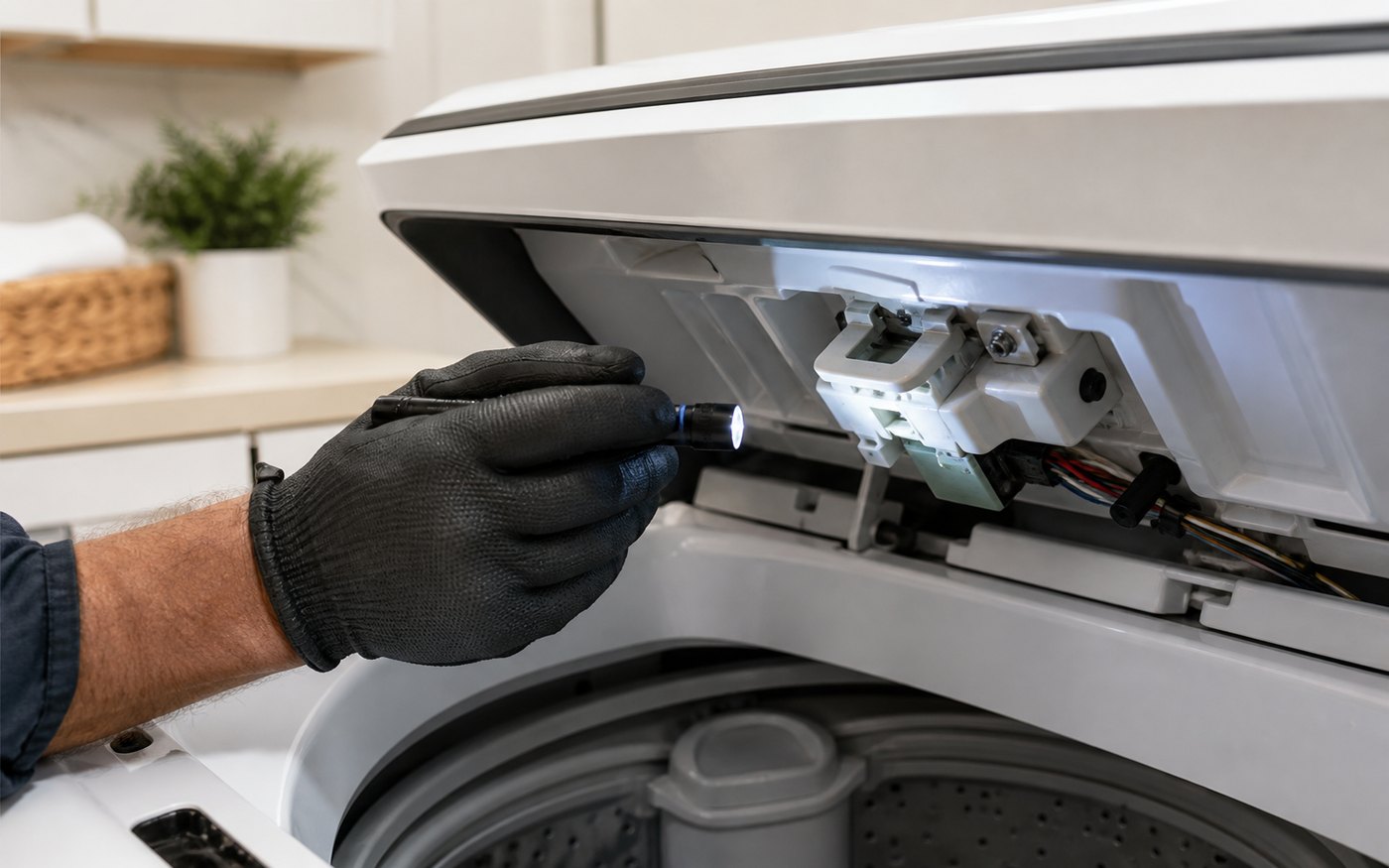 Technician inspecting a top-load washer lid-lock assembly with a small flashlight
