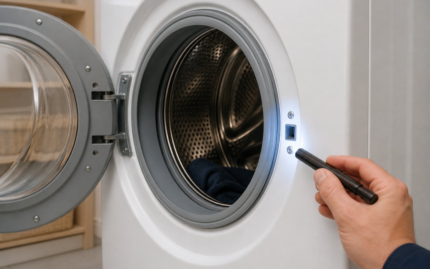 Front-load washer door-lock area being checked during service