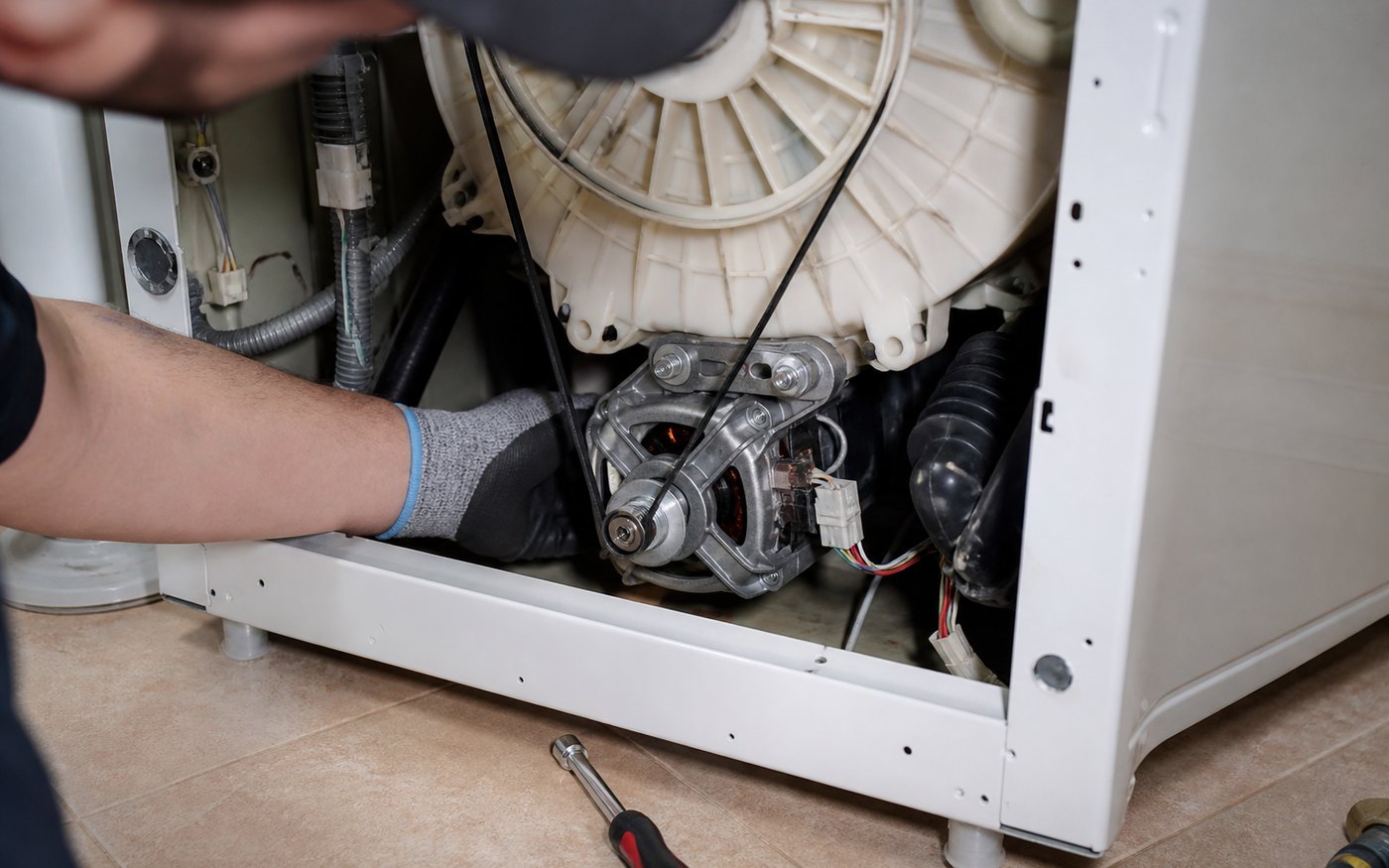 Washer drive system and motor area accessed during diagnosis