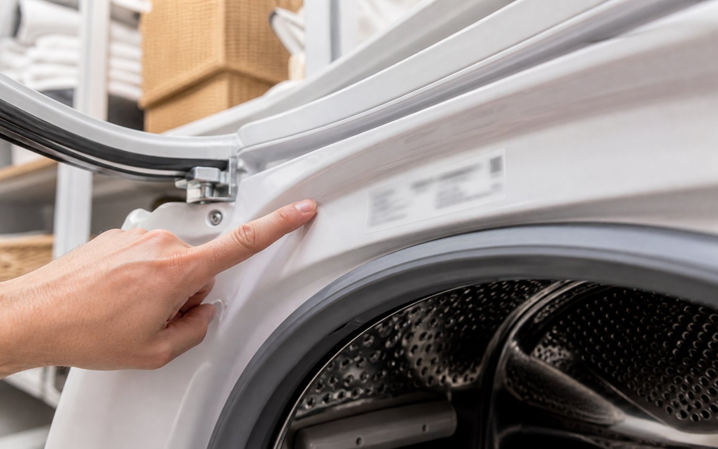 Washer model-number sticker location shown near the open door frame