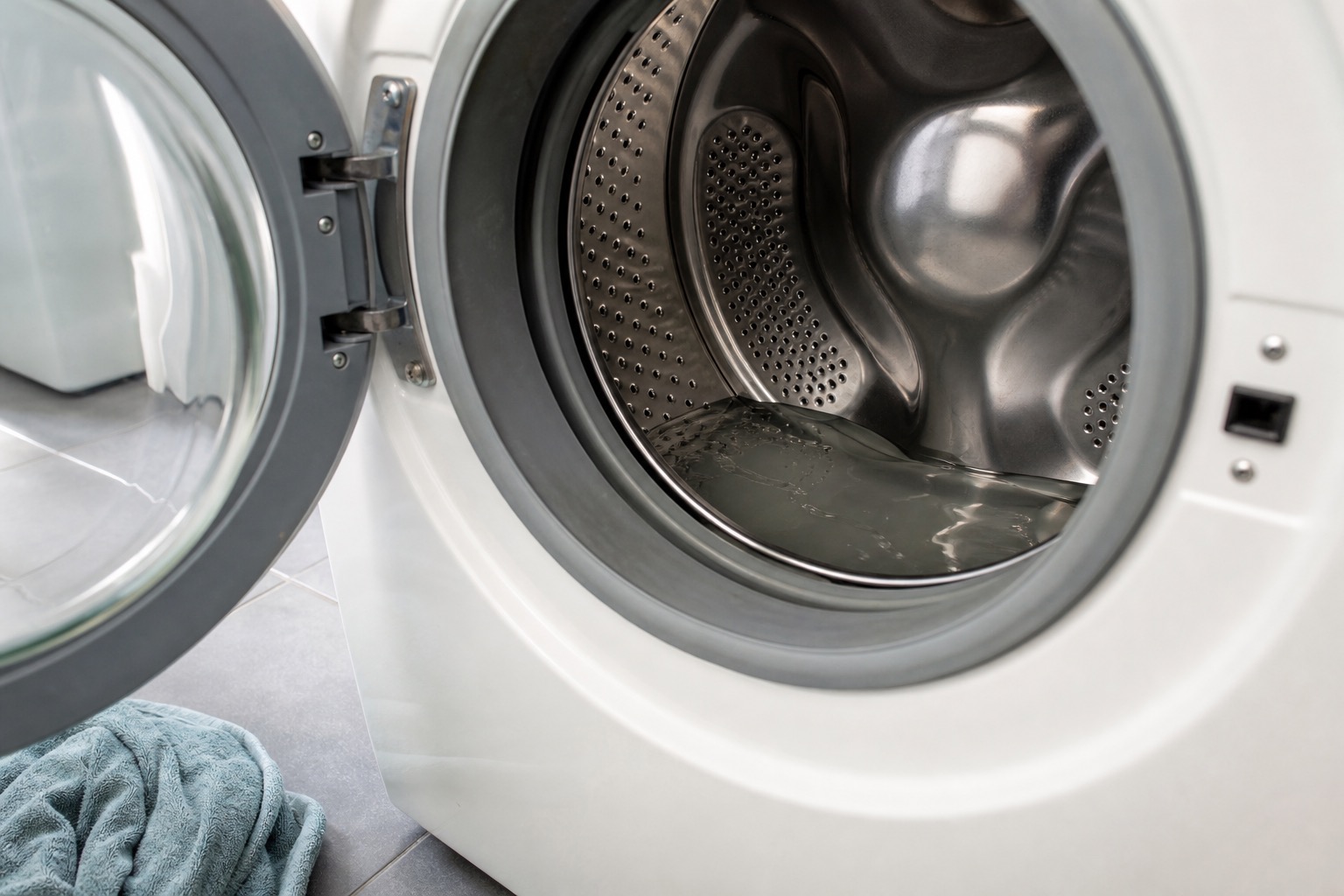 Front-load washer drum with standing water at the bottom