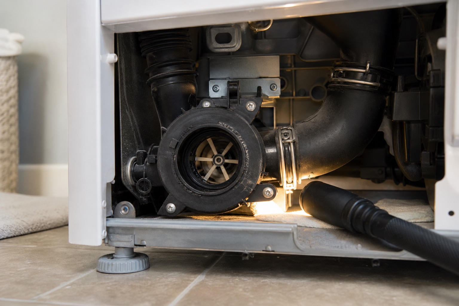 Washer drain pump impeller area illuminated by a work light