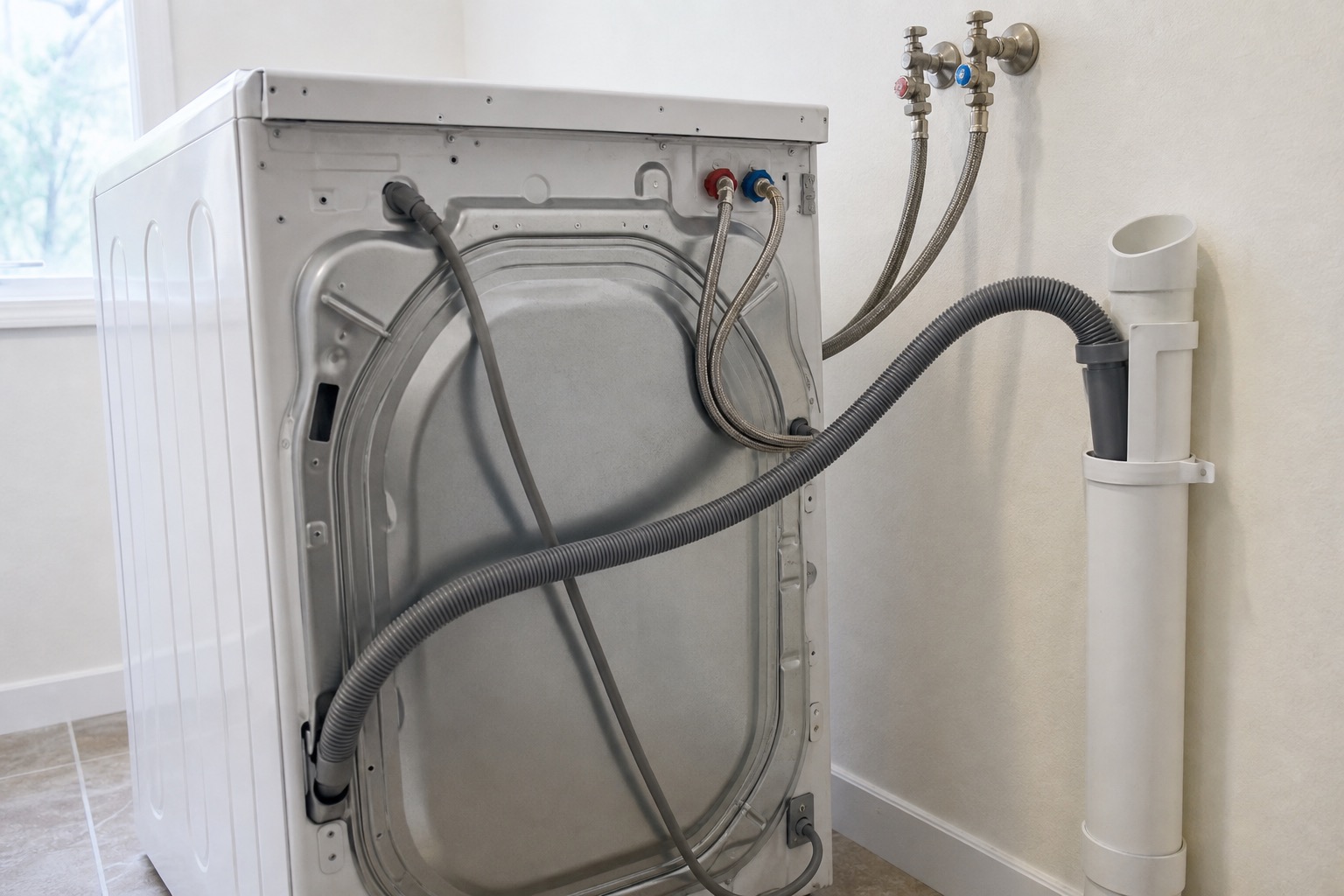 Rear washer drain hose and standpipe setup in a laundry room