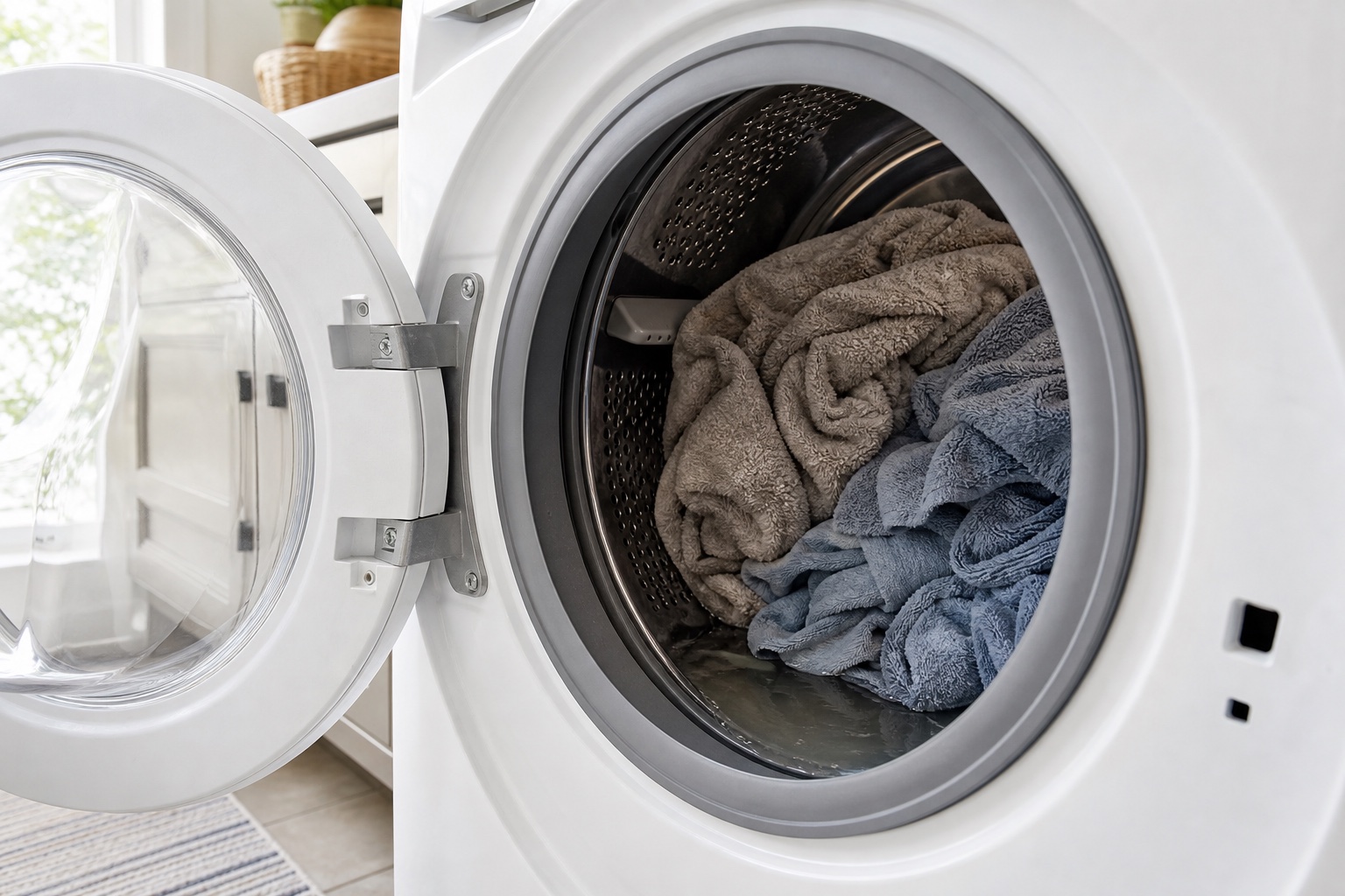 Open front-load washer with wet towels gathered unevenly to one side