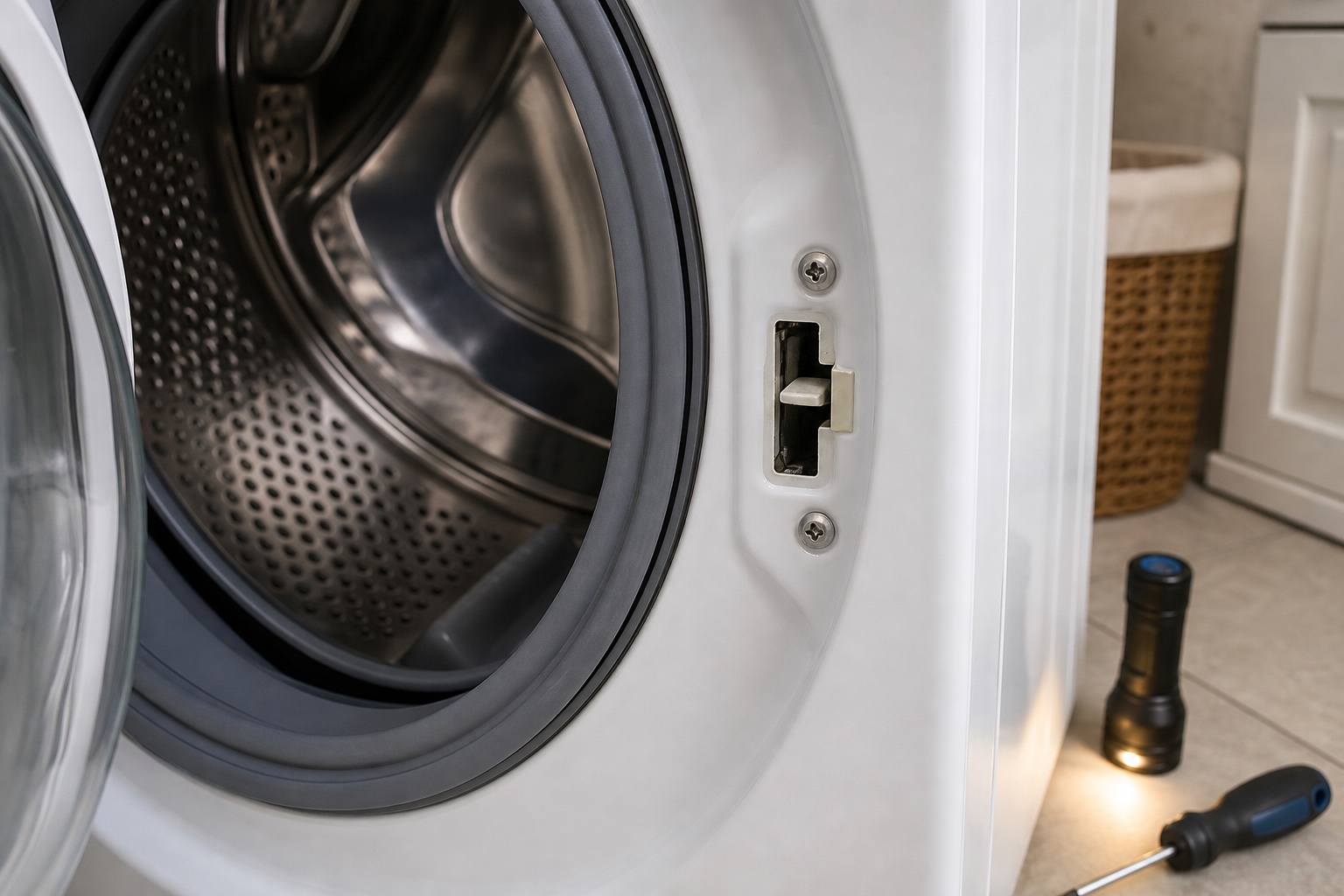 Close view of a front-load washer door lock latch area