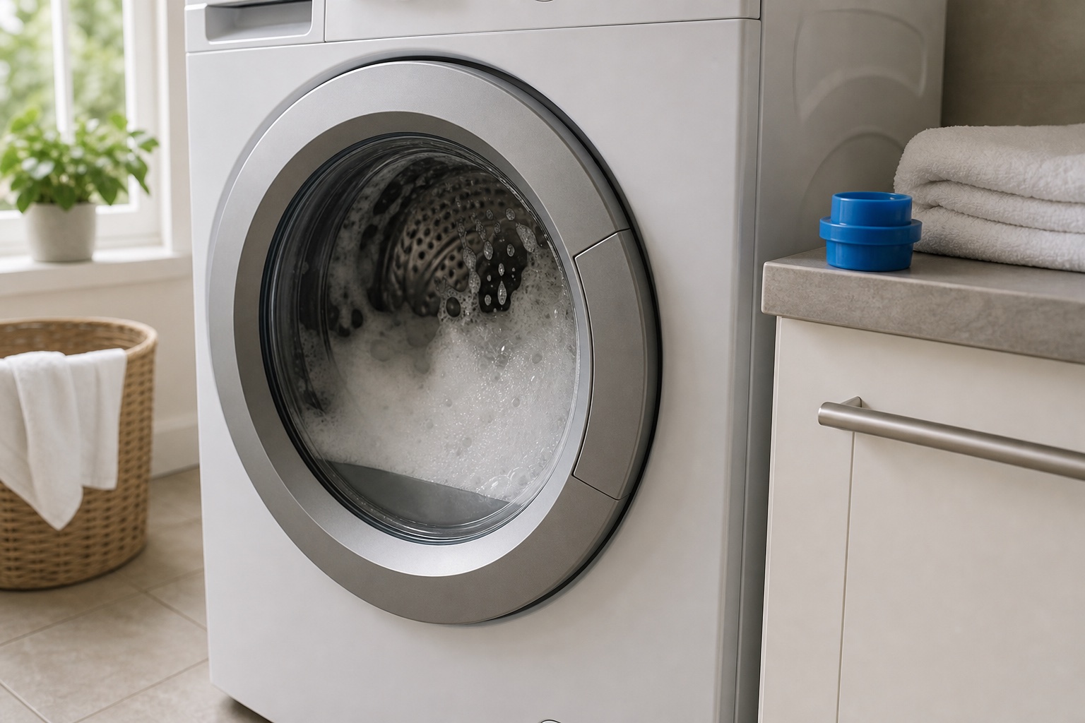 Front-load washer with excess detergent suds visible through the glass door
