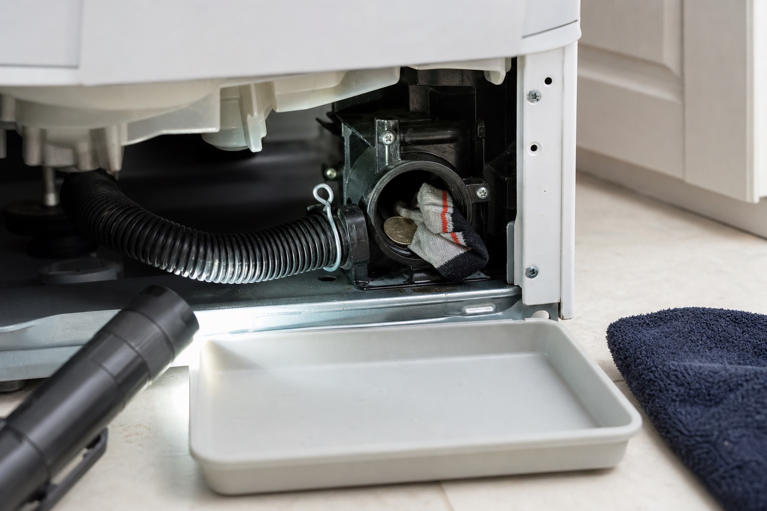 Washer sump hose and drain pump inlet with a small sock blocking the drain path