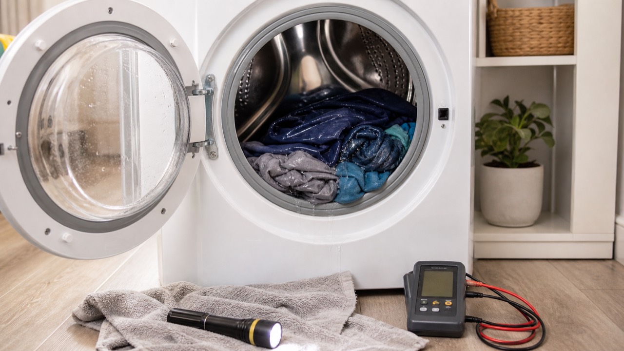 Technician diagnosing a washing machine that is not spinning