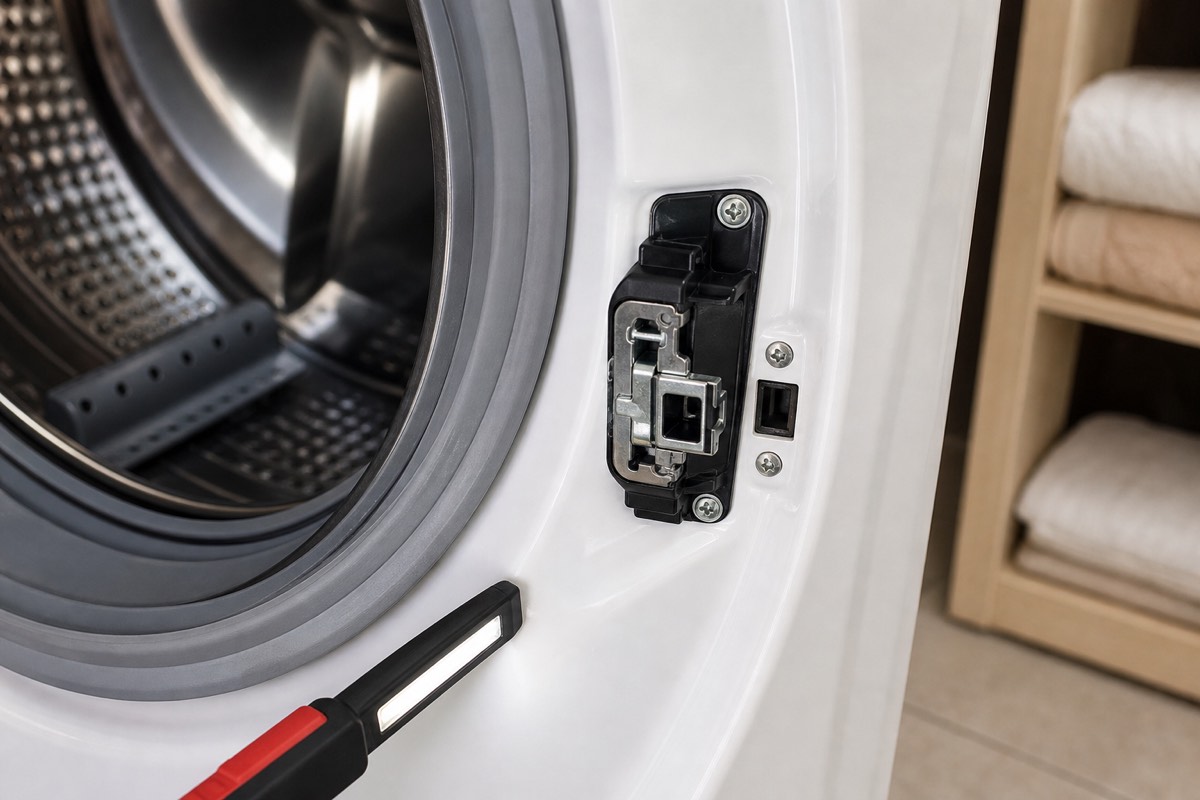 Washing machine door lock being inspected during repair