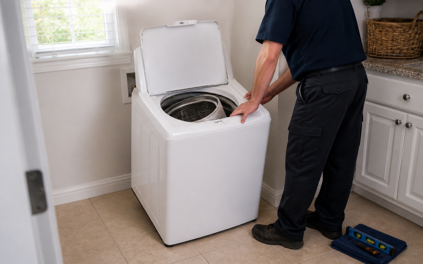 Technician checking a top-load washer basket that is sitting off-center during spin diagnosis