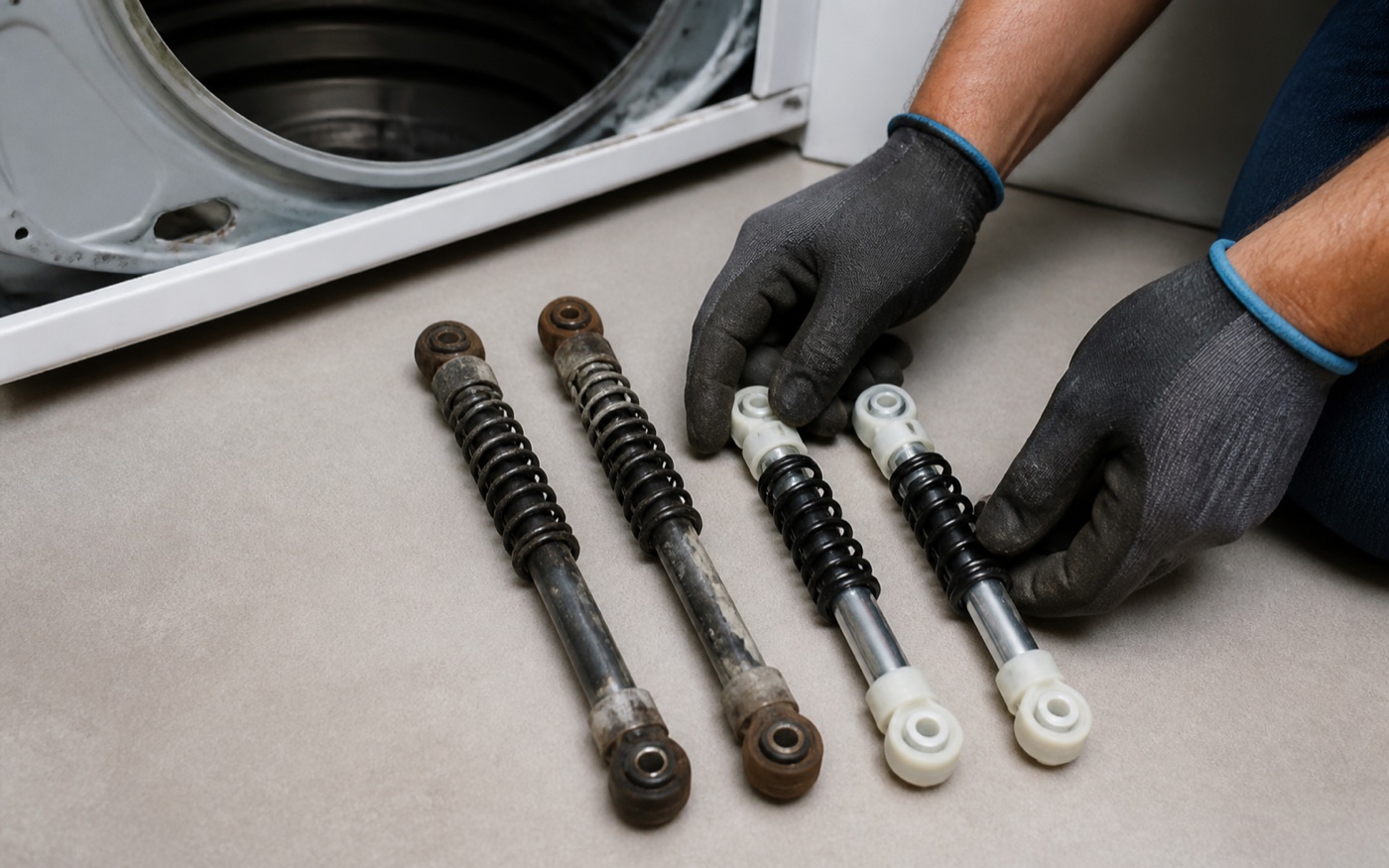Worn top-load washer suspension rods placed next to replacement rods