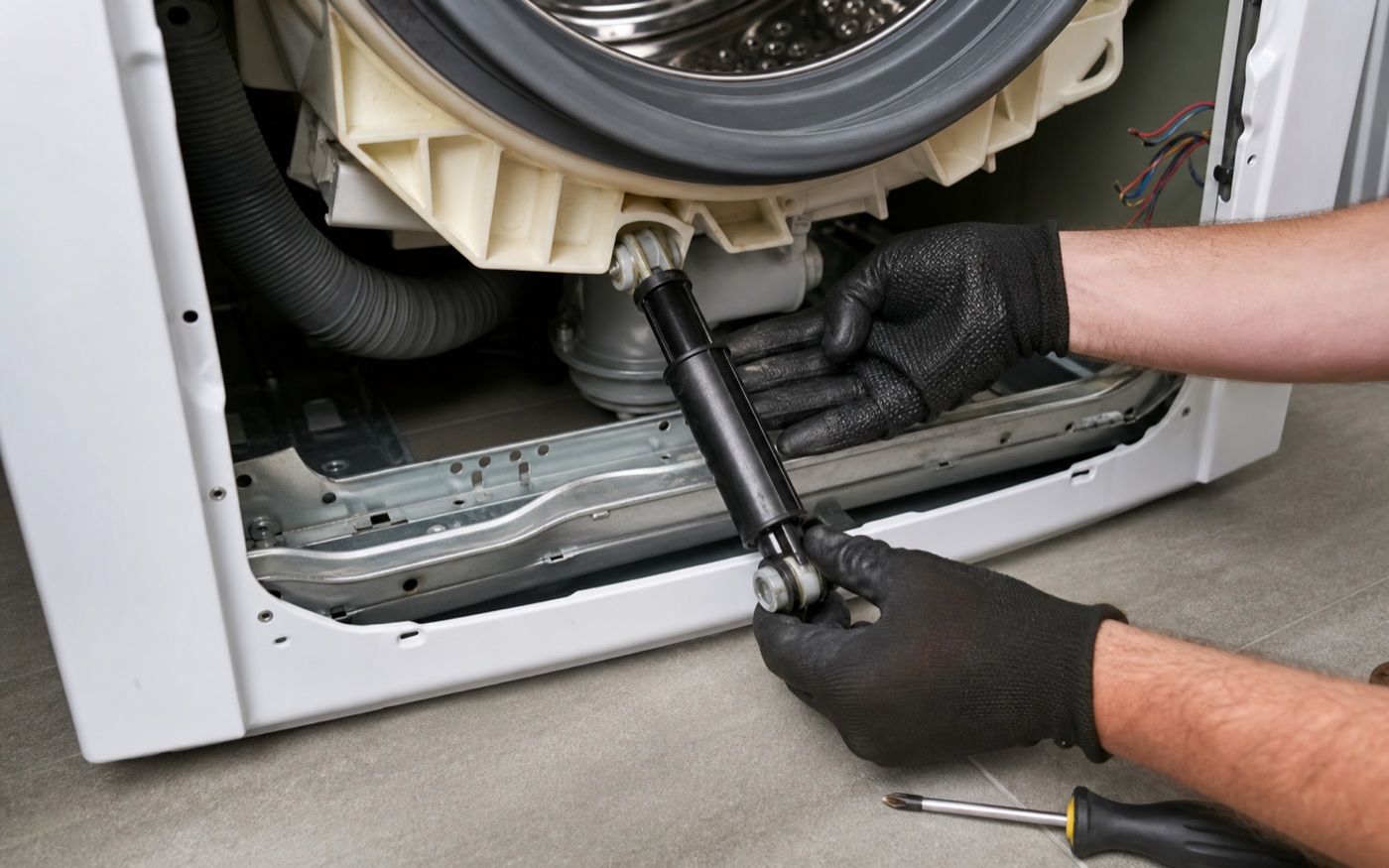 Front-load washer shock absorber inspected during repair