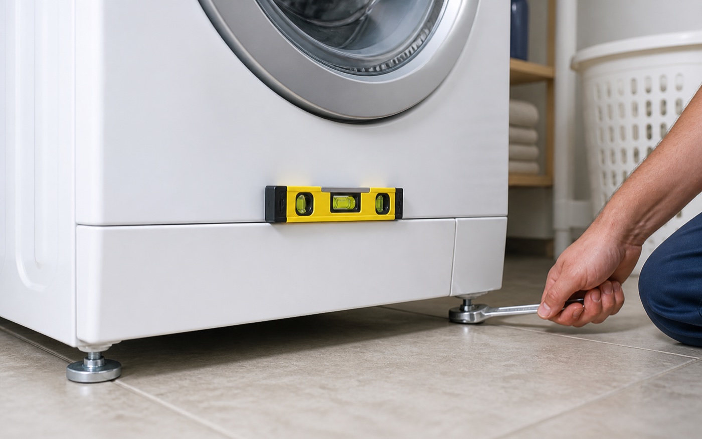 Technician adjusting washer leveling feet with a bubble level