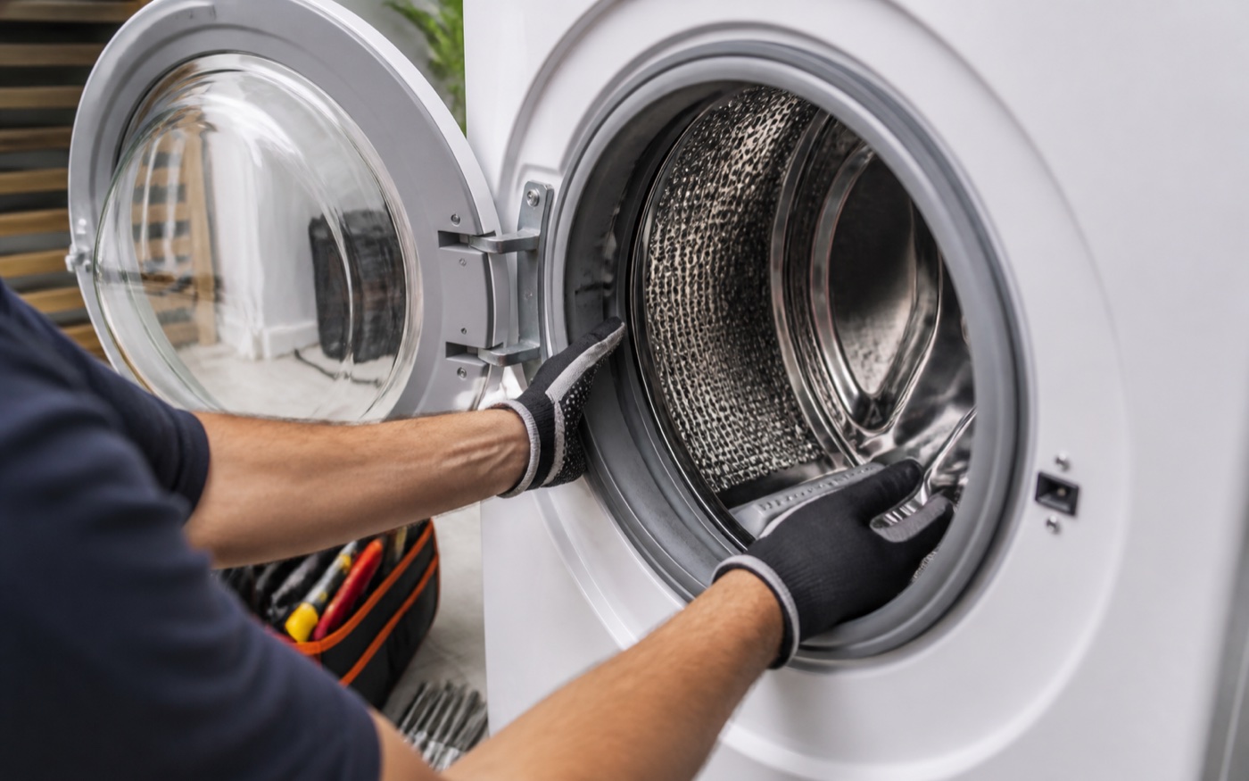 Technician checking washer basket movement by hand
