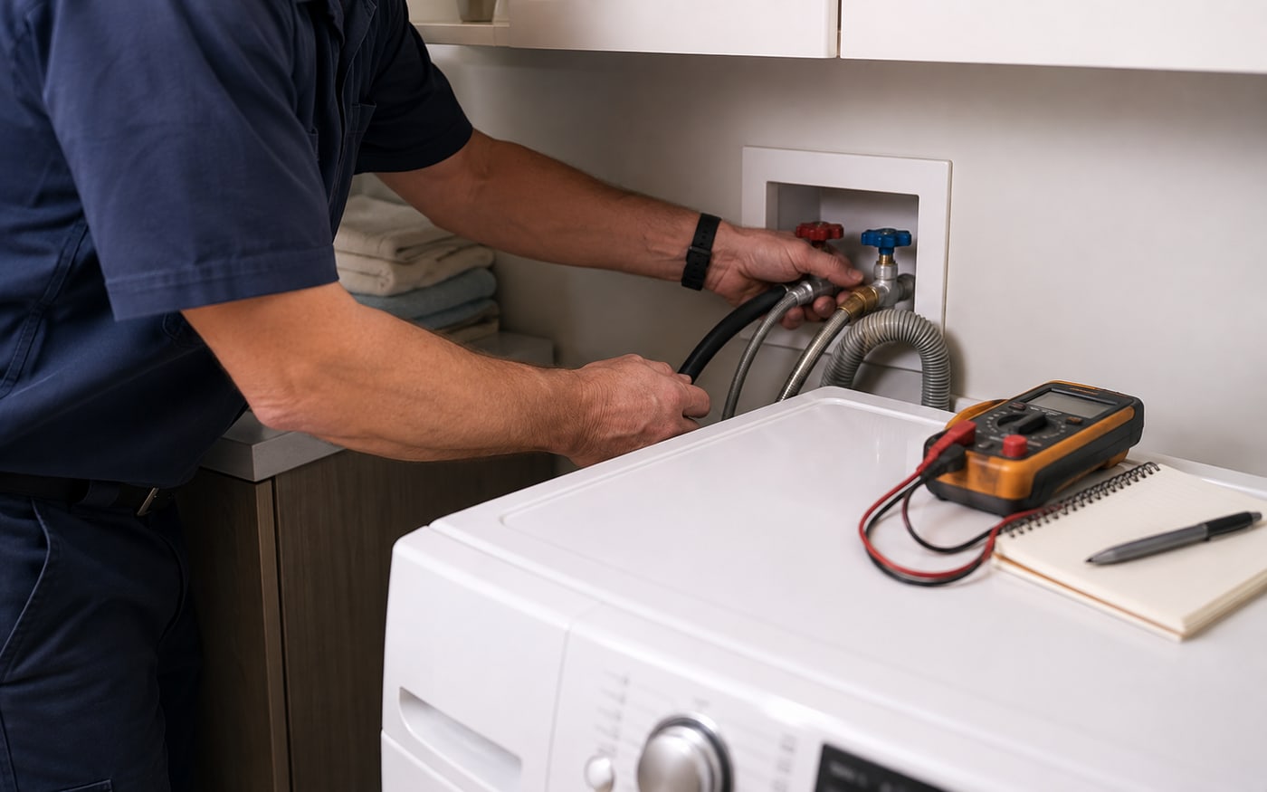 Technician checking washer inlet hoses and water-supply valves during diagnosis