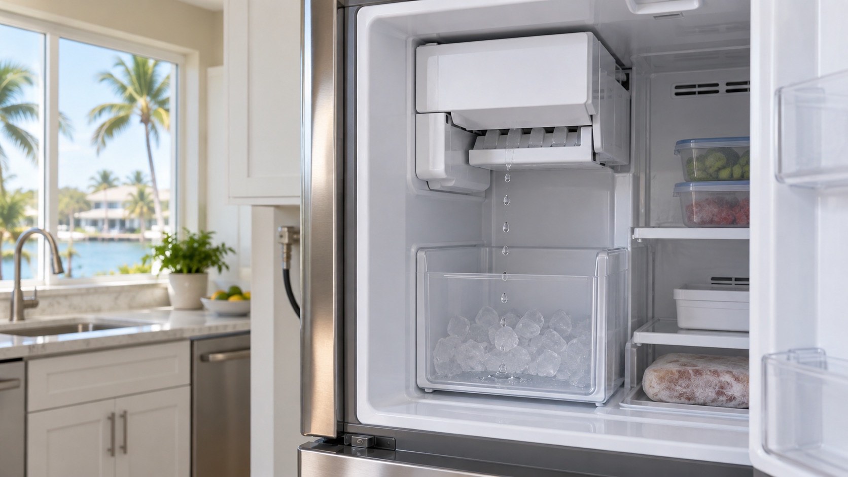 Generated illustration of water droplets falling from a refrigerator ice maker fill area into the ice bin