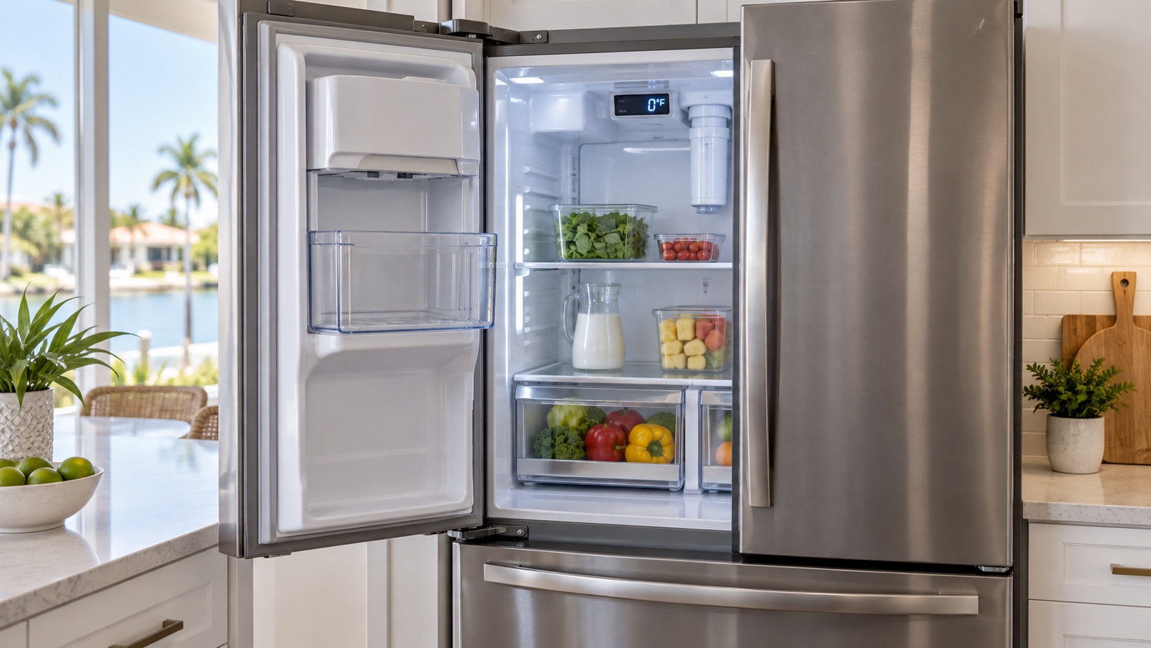 Generated illustration of an empty refrigerator ice bin, intact water-filter housing, and freezer temperature display